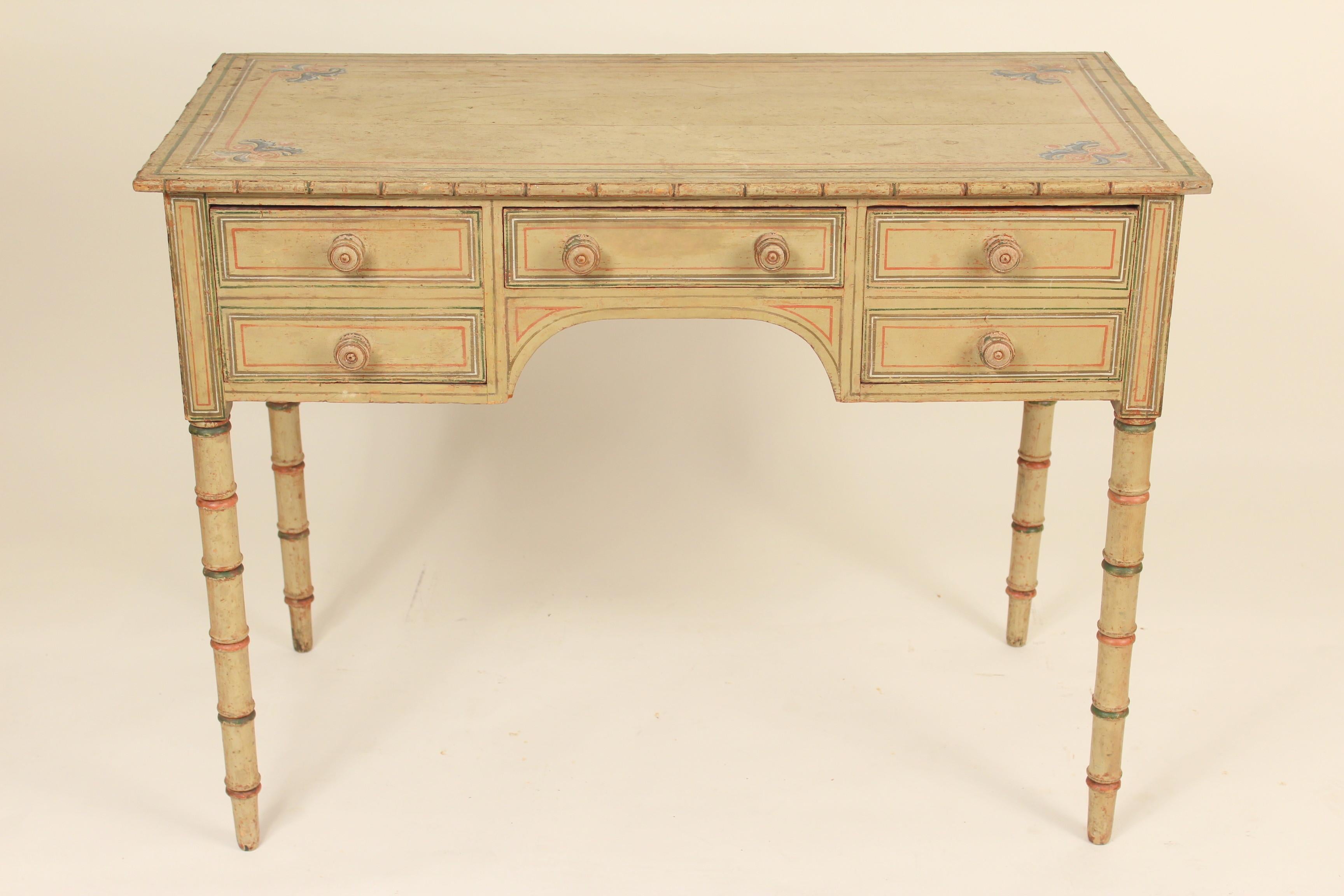 Painted pine English Regency or American writing table / desk, with old paint and bamboo style turned legs, early 19th century. Label indicates this was formerly the property of Ralph Lauren, Polo.