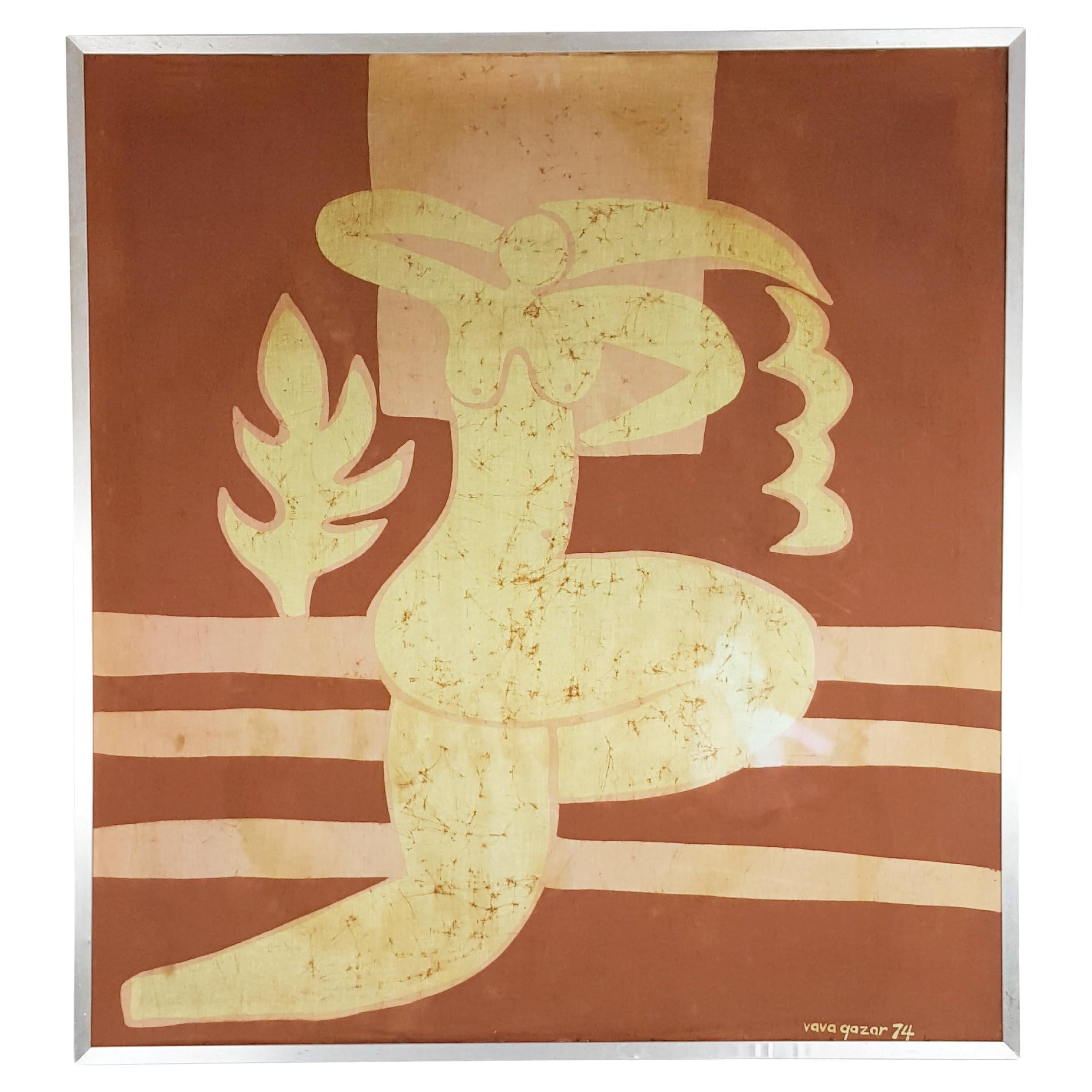 Painted fabric with batik technique by Vava Quazar, 1974 For Sale