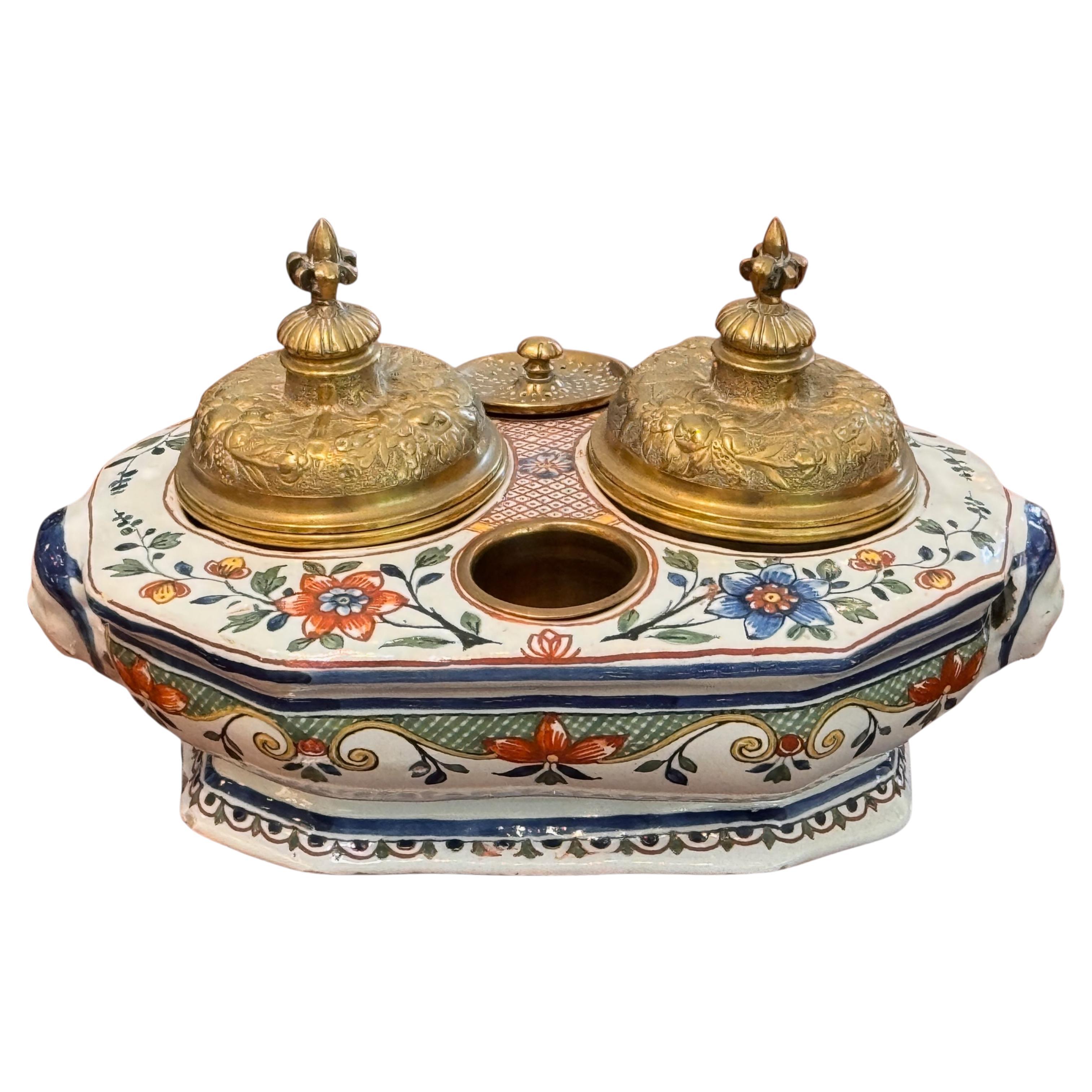 Painted Faience Inkwell With Brass Lids