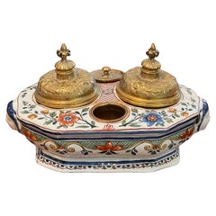 Painted Faience Inkwell With Brass Lids