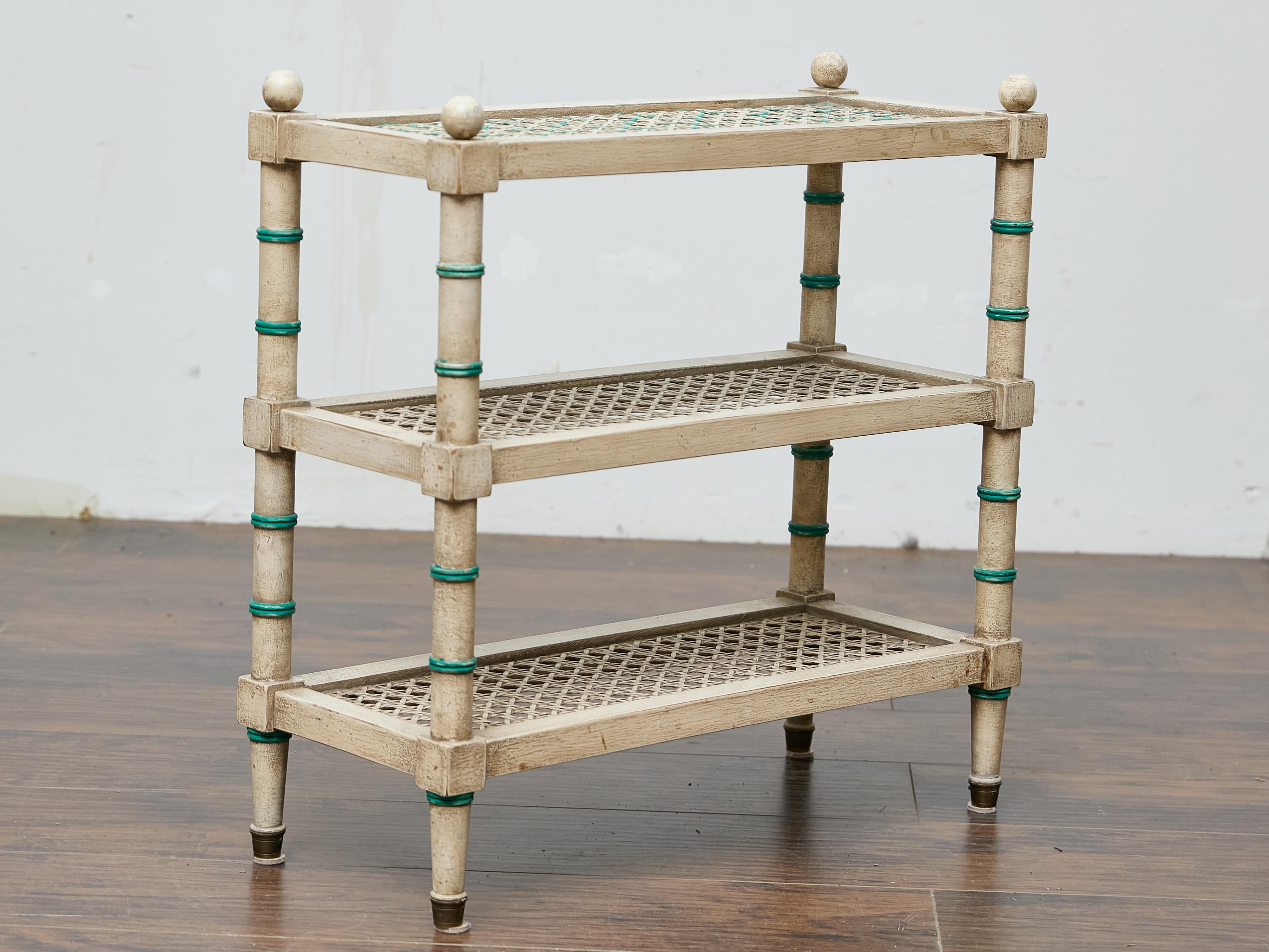 Painted Faux Bamboo Étagère with Cane Shelves, Midcentury Period In Good Condition For Sale In Atlanta, GA