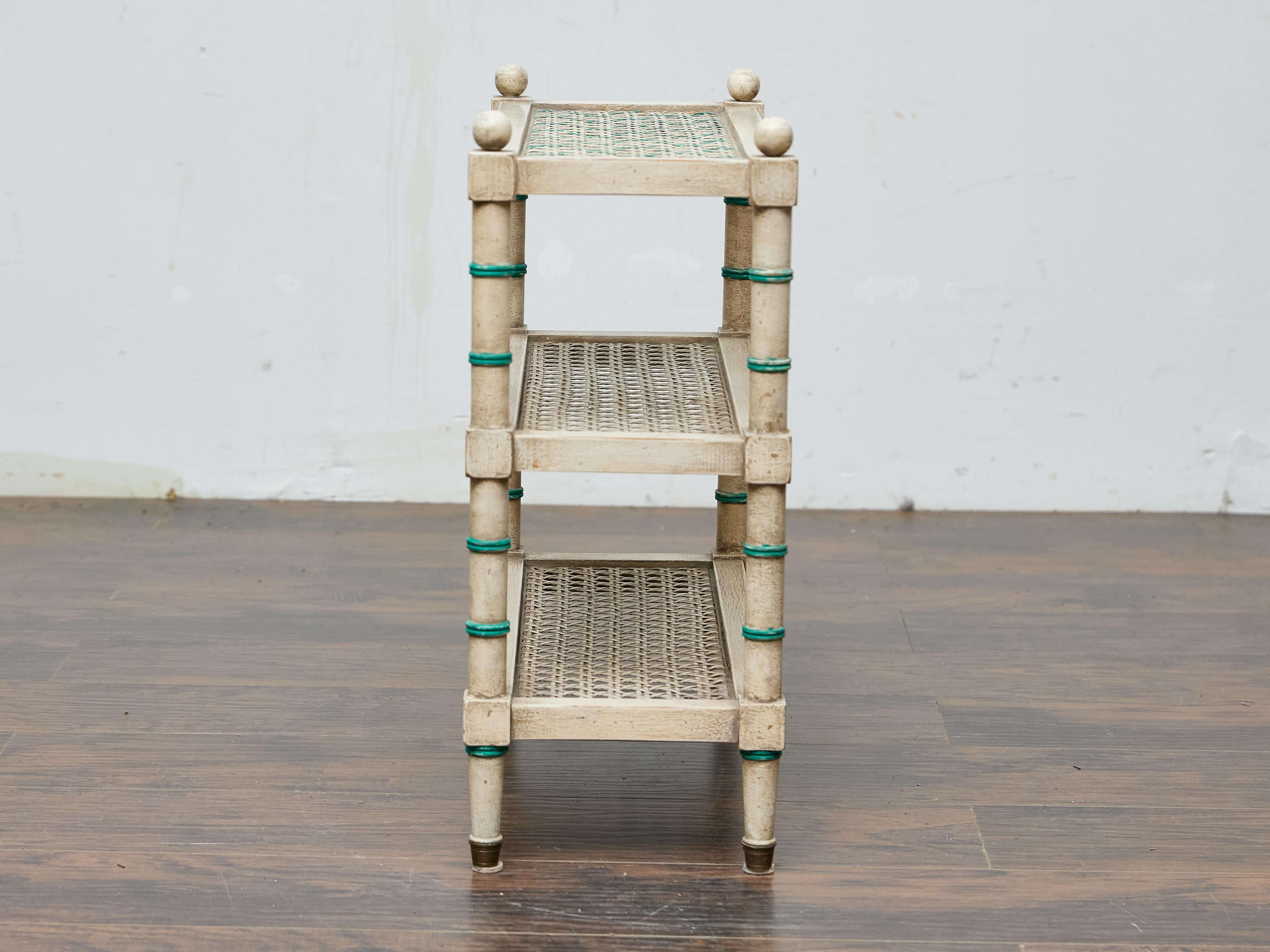 20th Century Painted Faux Bamboo Étagère with Cane Shelves, Midcentury Period For Sale