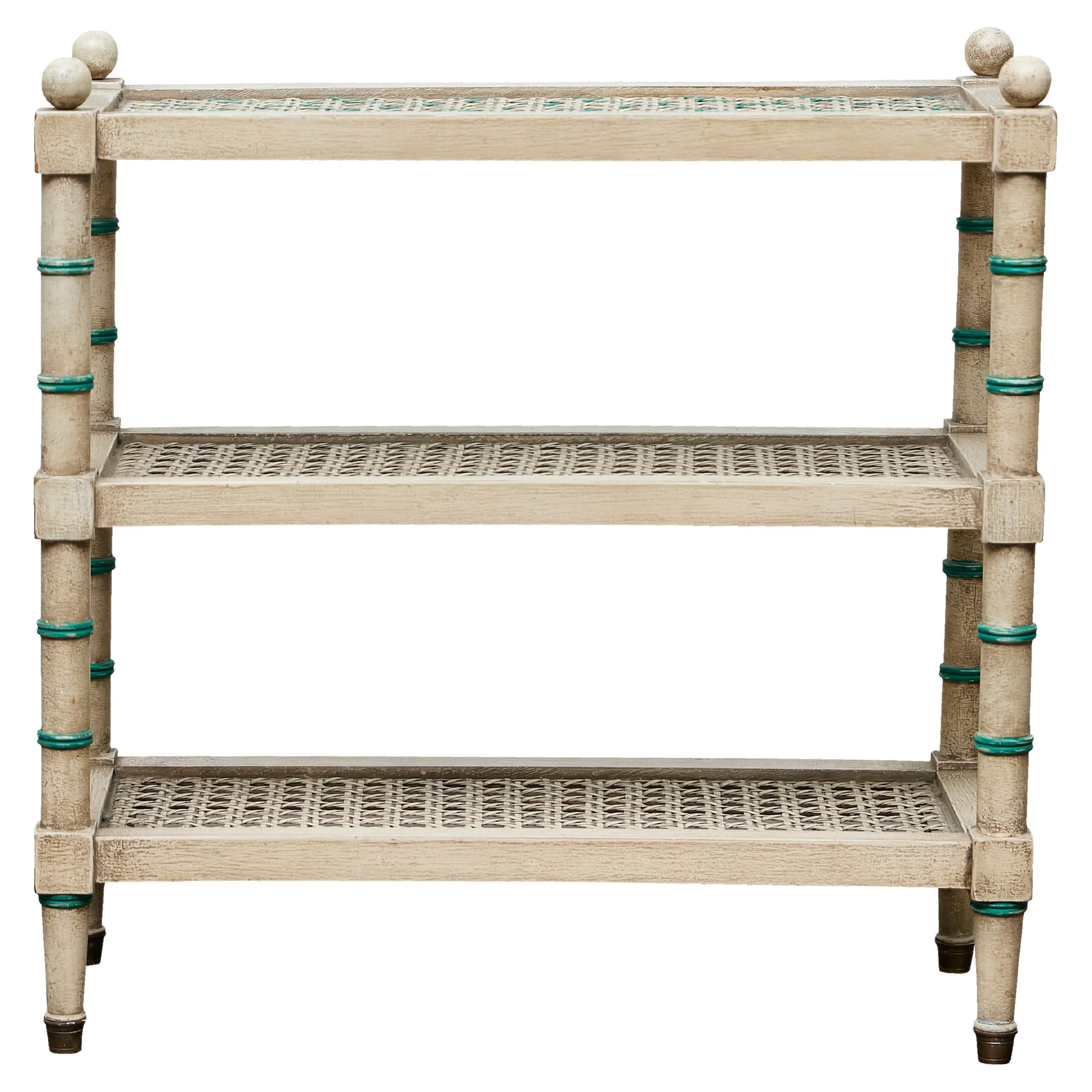 Painted Faux Bamboo Étagère with Cane Shelves, Midcentury Period For Sale