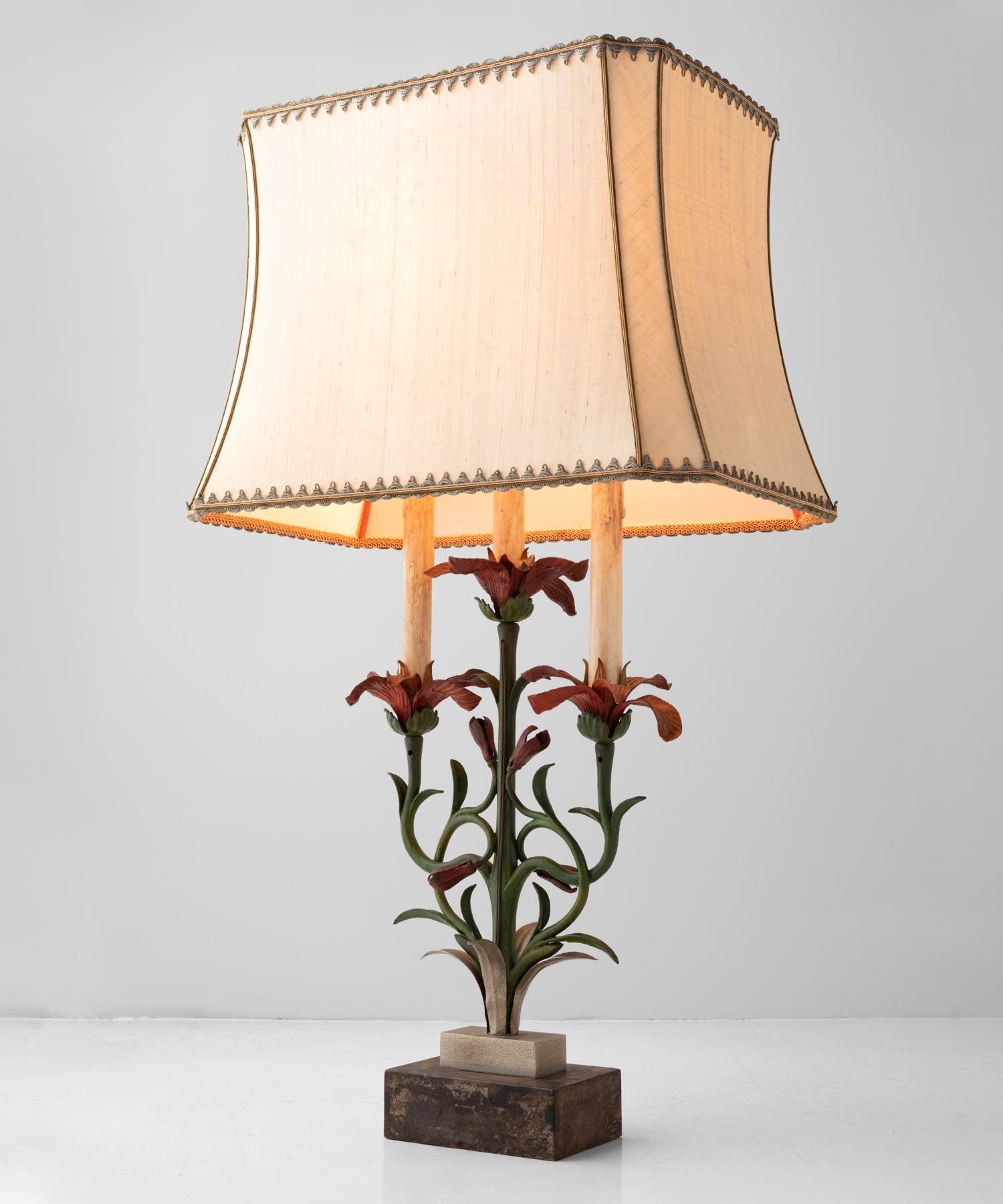 Italian Painted Floral Cast Iron Table Lamp, Italy, circa 1900