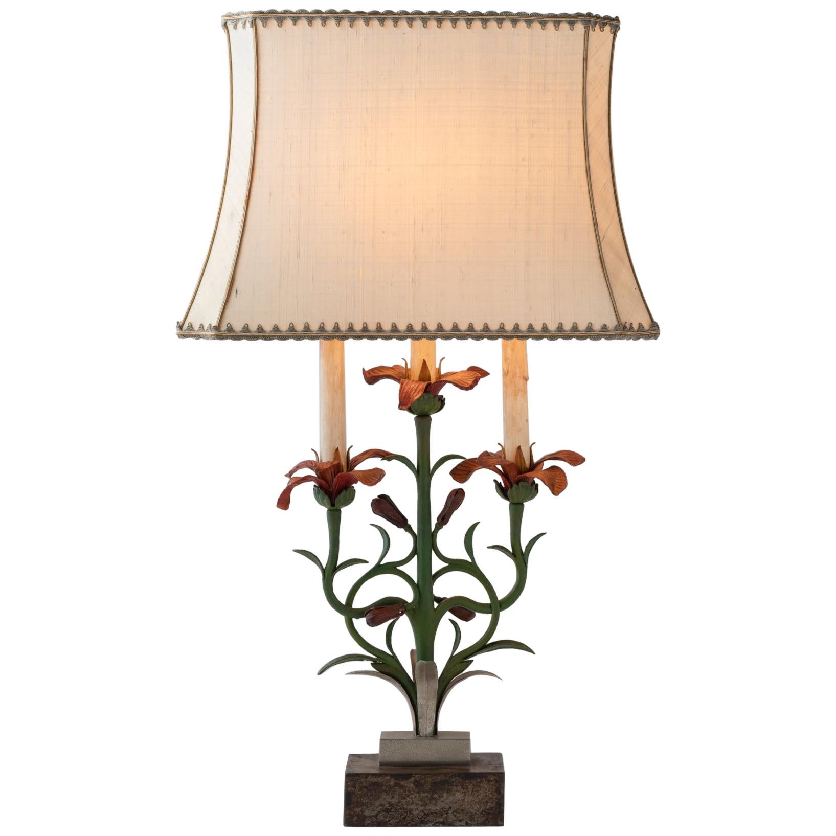 Painted Floral Cast Iron Table Lamp, Italy, circa 1900