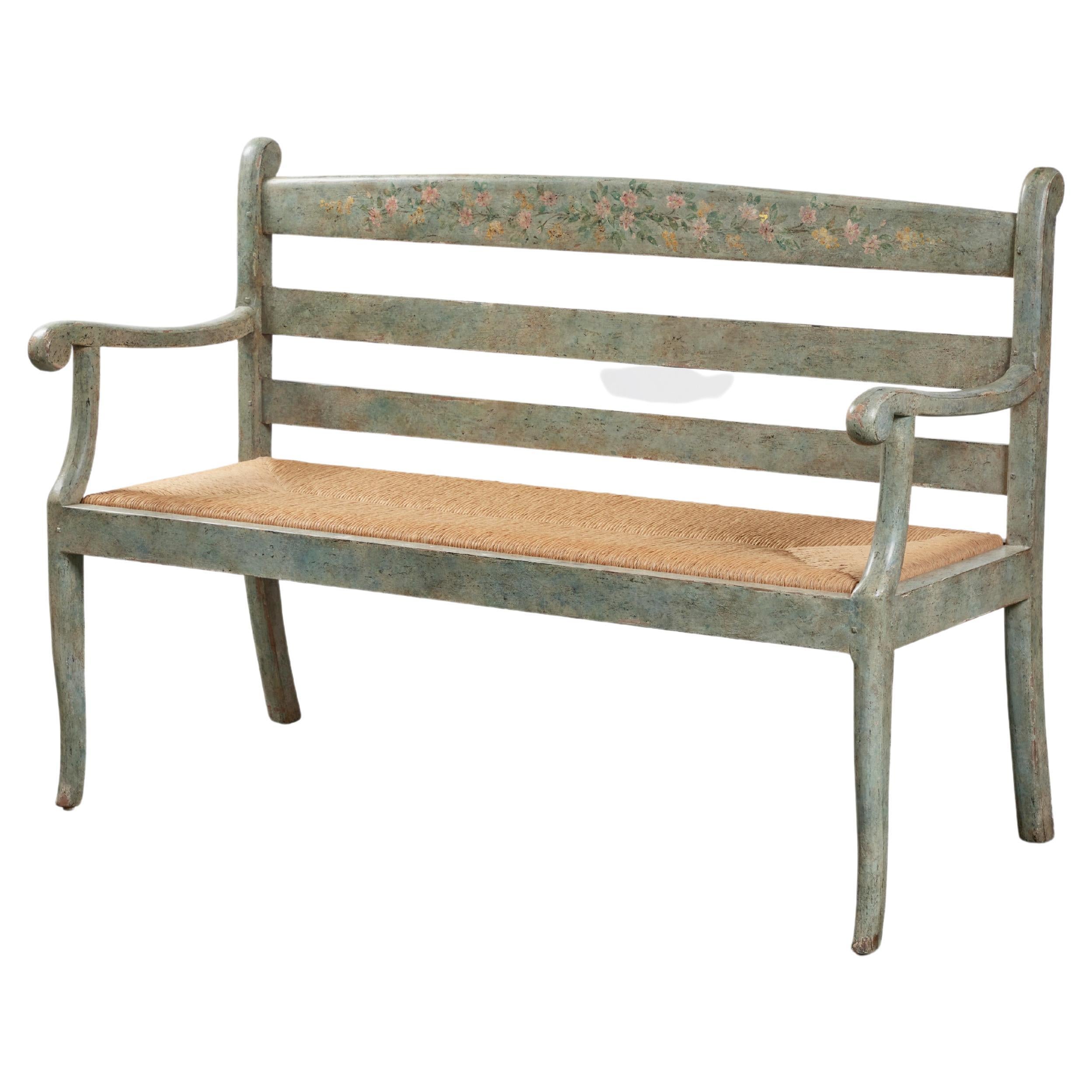 Painted Floral French Provincial Style Wooden Bench with Wicker Seat