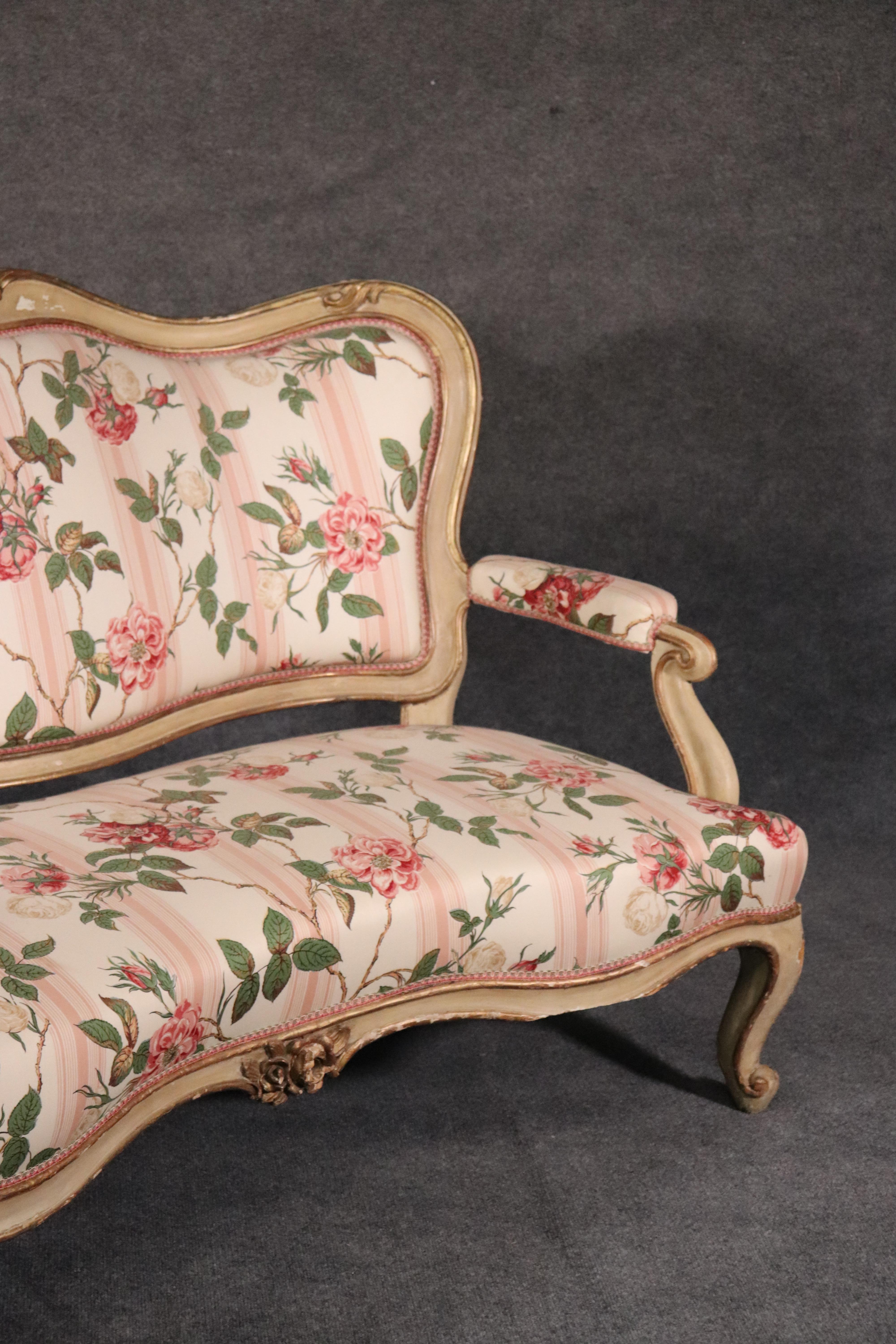 Painted Floral French Rococo Carved Settee Canape Sofa, circa 1890s In Good Condition In Swedesboro, NJ