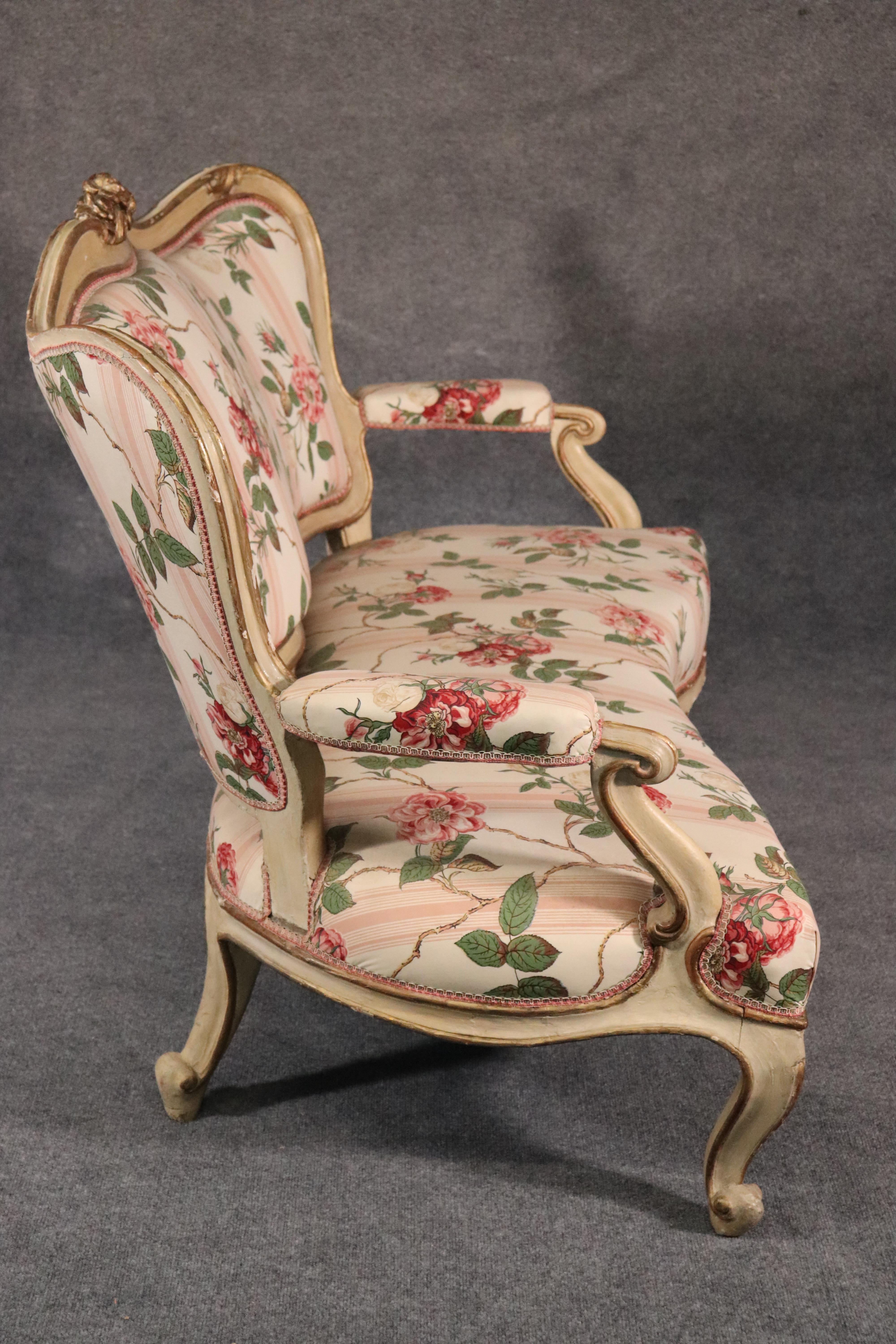 Late 19th Century Painted Floral French Rococo Carved Settee Canape Sofa, circa 1890s