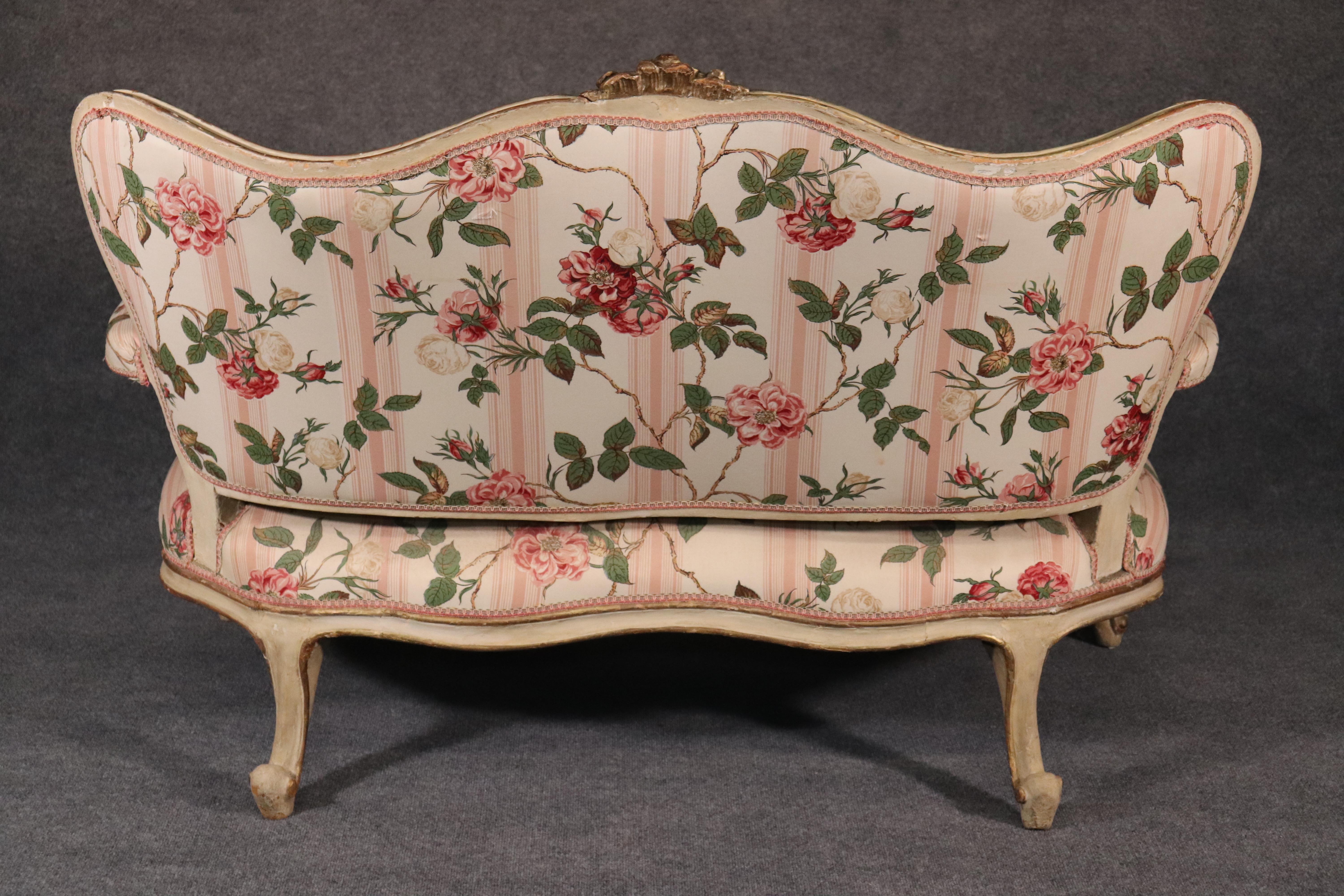 Walnut Painted Floral French Rococo Carved Settee Canape Sofa, circa 1890s