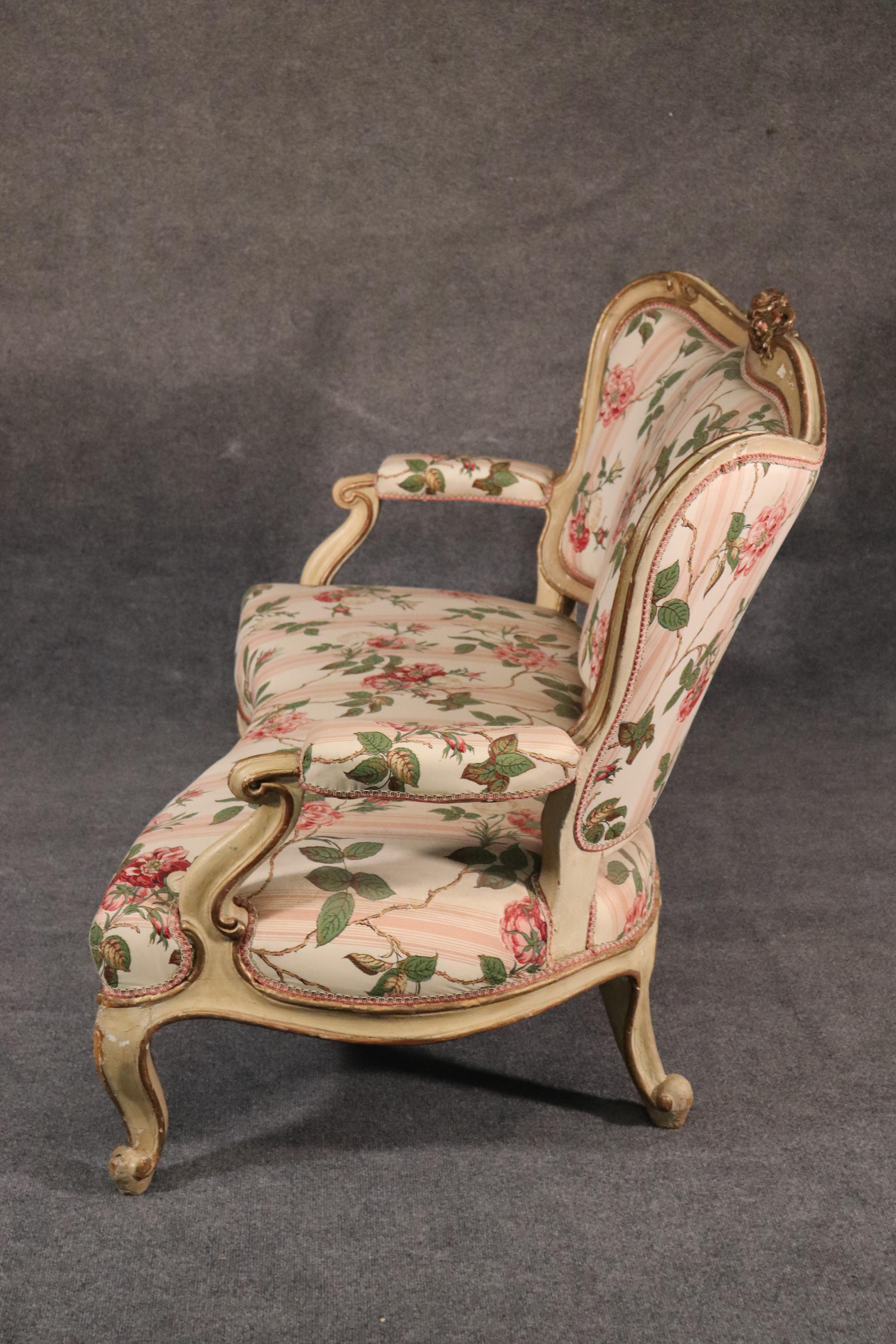 Painted Floral French Rococo Carved Settee Canape Sofa, circa 1890s 1