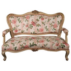Painted Floral French Rococo Carved Settee Canape Sofa, circa 1890s