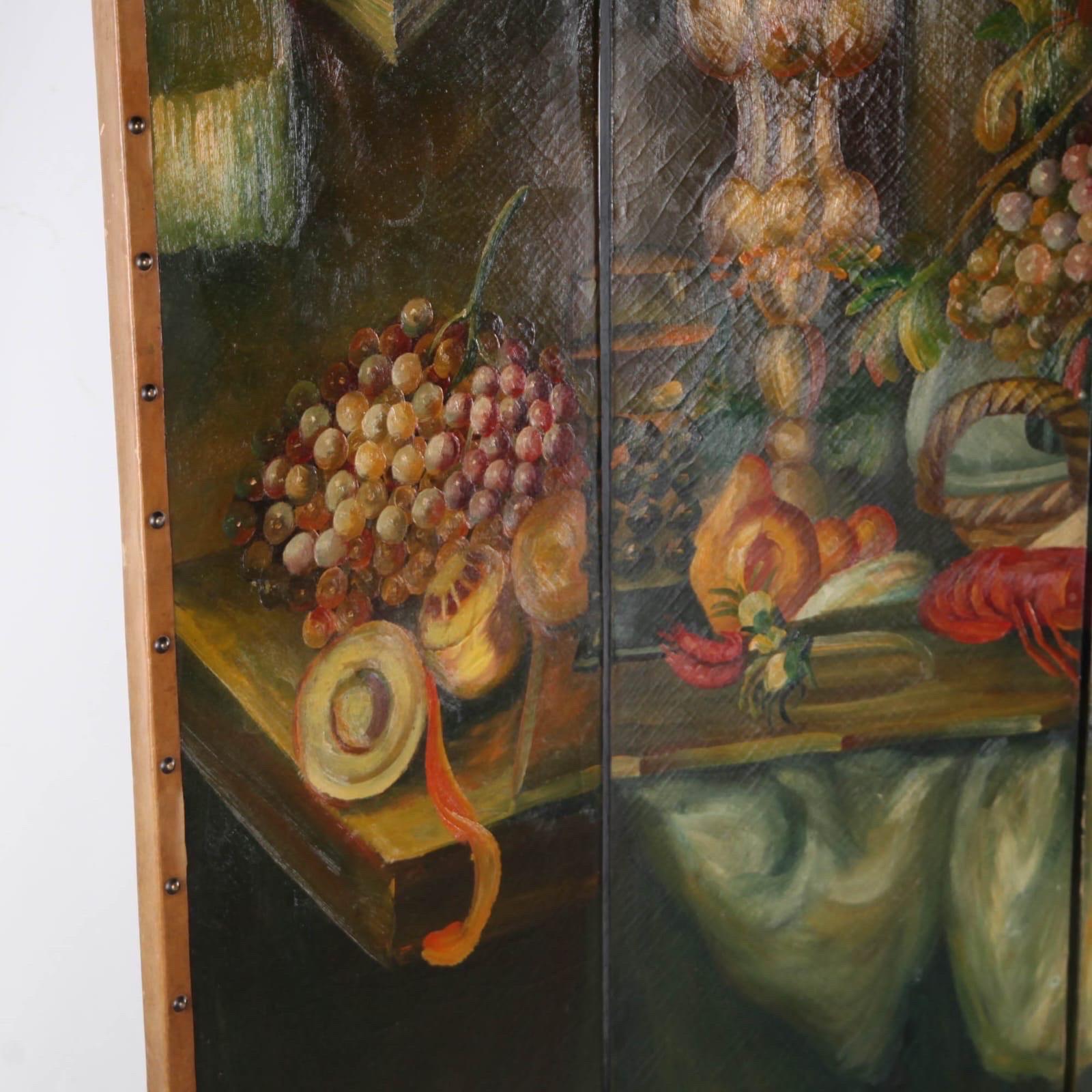 Erstaunlich 4 Panels Vintage auf Leinwand gemalt Foldes Bildschirm. 
Großes Format, sehr dekorativ und in gutem Zustand. 