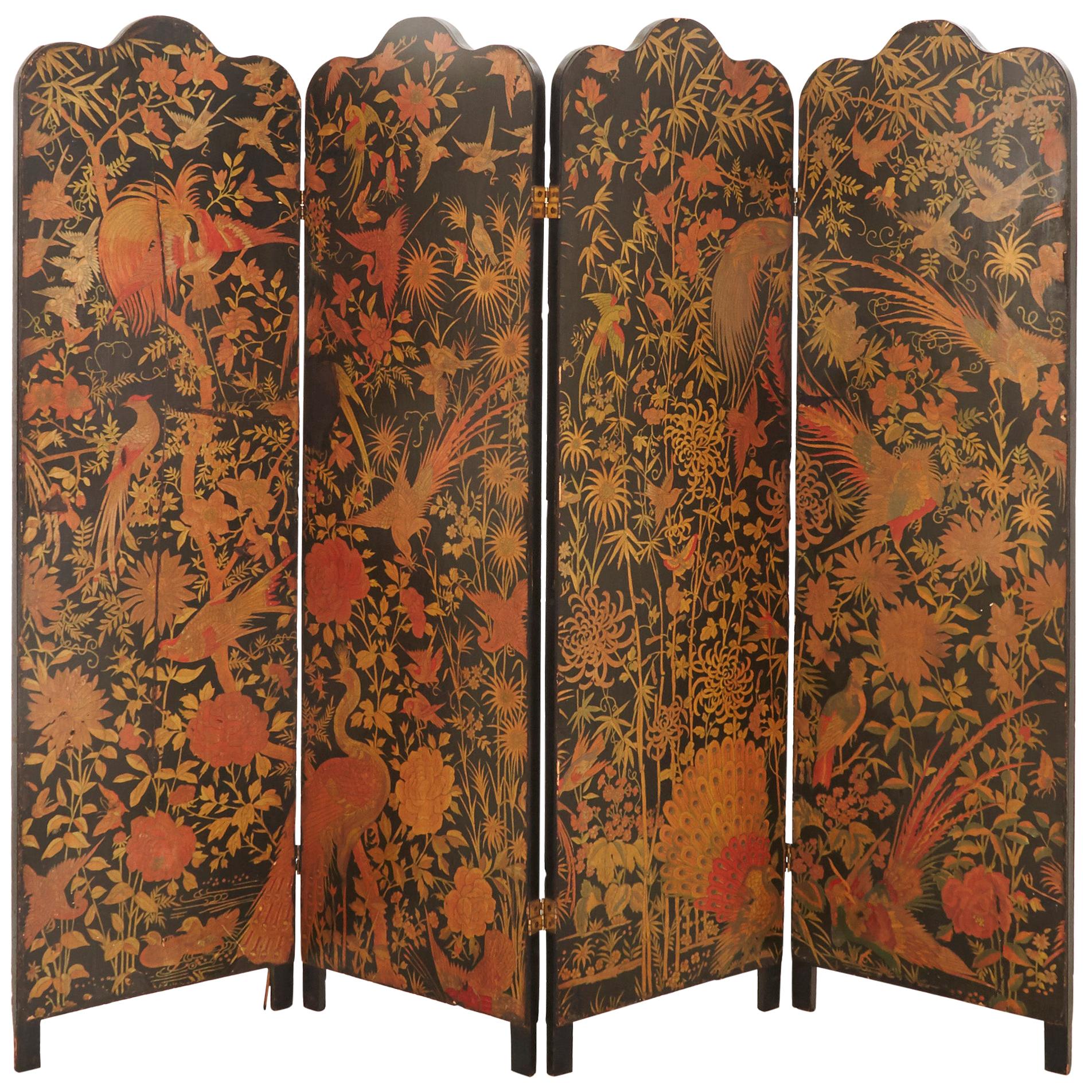 Painted Four-Panel Papered Folding Screen