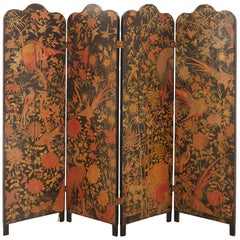 Antique Painted Four-Panel Papered Folding Screen