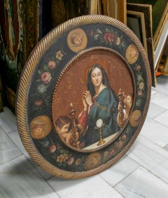 Painted Frame on Panel Religious Tondo with Virgin and Angels