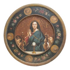 Painted Frame on Panel Religious Tondo with Virgin and Angels