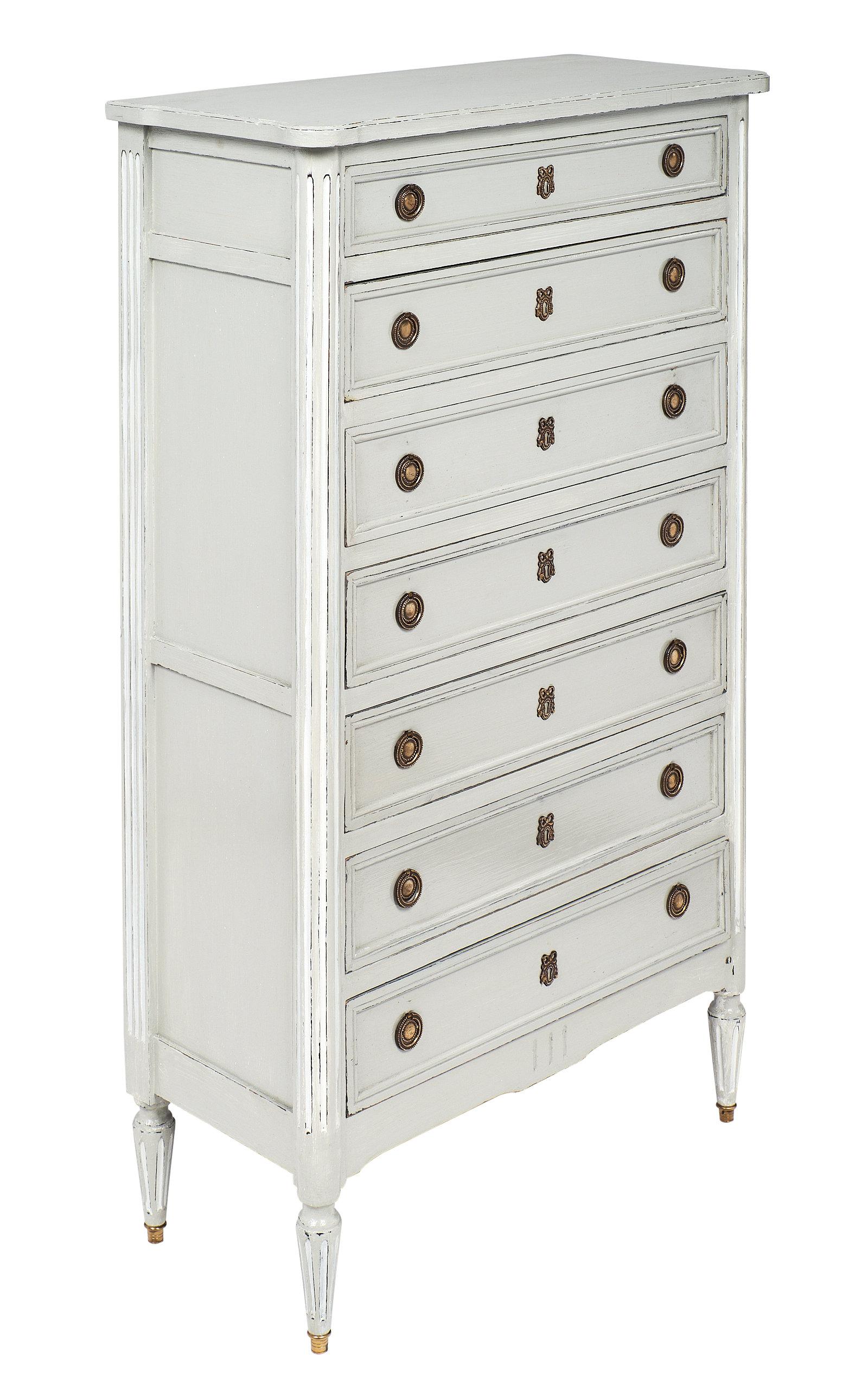 French antique painted semainier made of cheerywood in the Louis XVI style. The word “semaine” means week in French, and the seven dovetailed drawers on these cabinets feature one drawer per day of the week. The hand-painted Trianon gray color