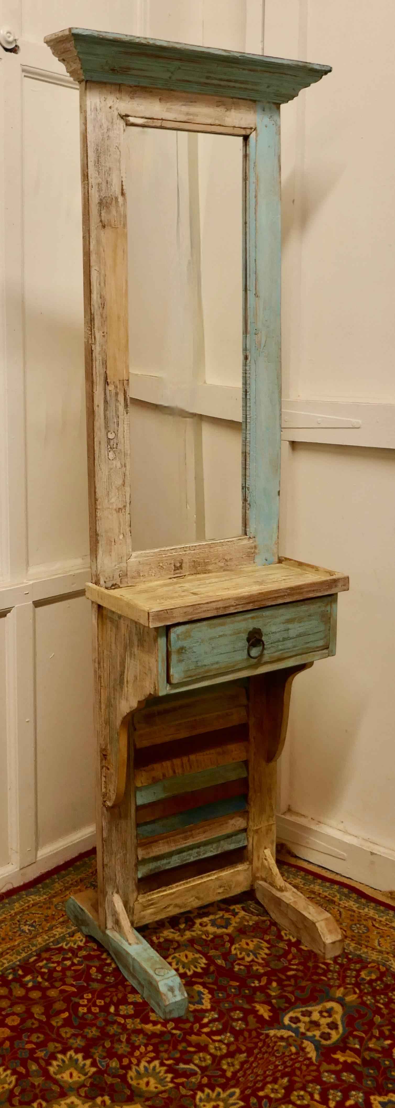 Folk Art Painted French Bathroom or Cloakroom Mirror Stand For Sale