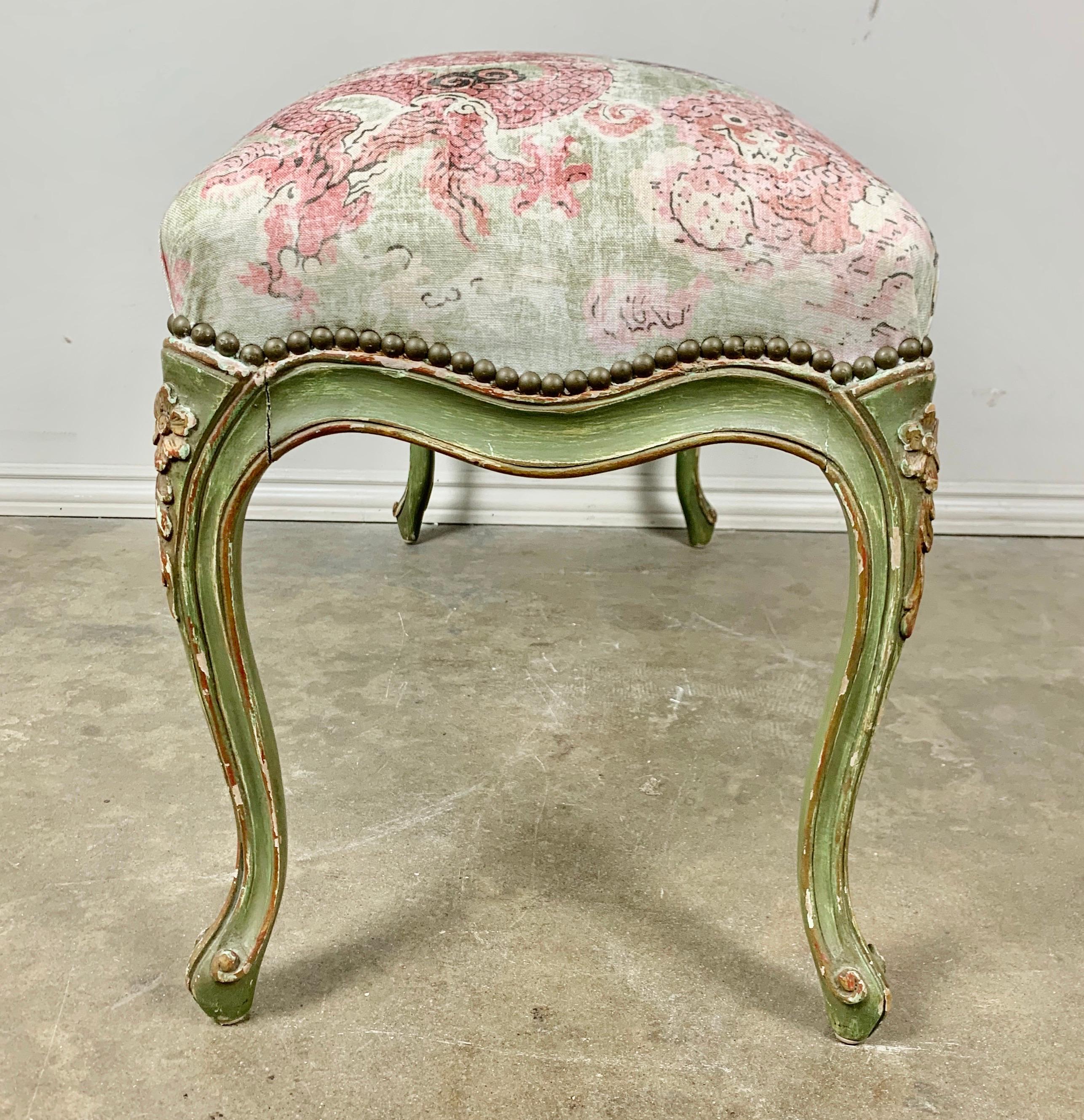 Painted French Bench a/ Printed Chinoiserie Upholstery 4