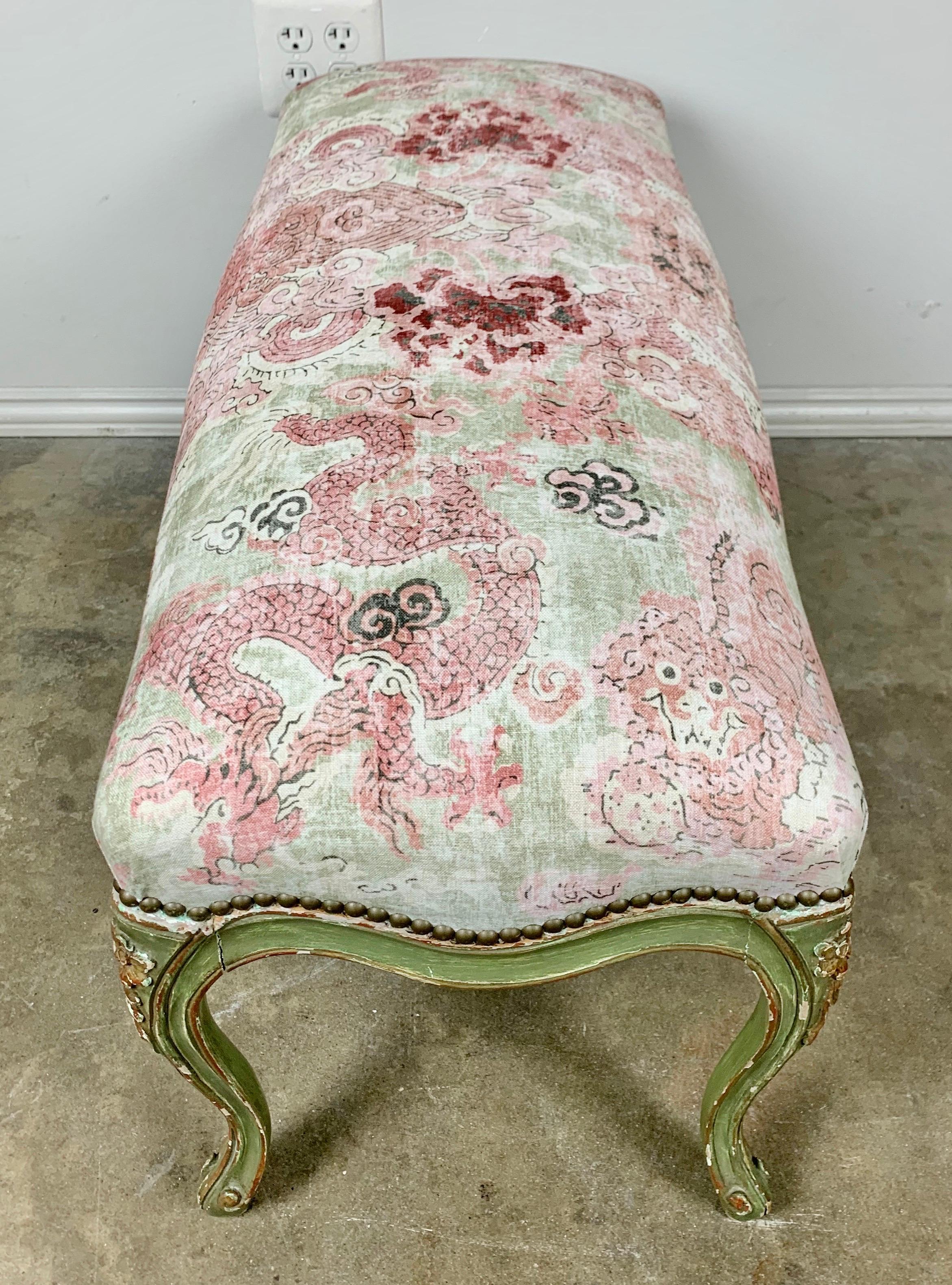 Painted French Bench a/ Printed Chinoiserie Upholstery 3