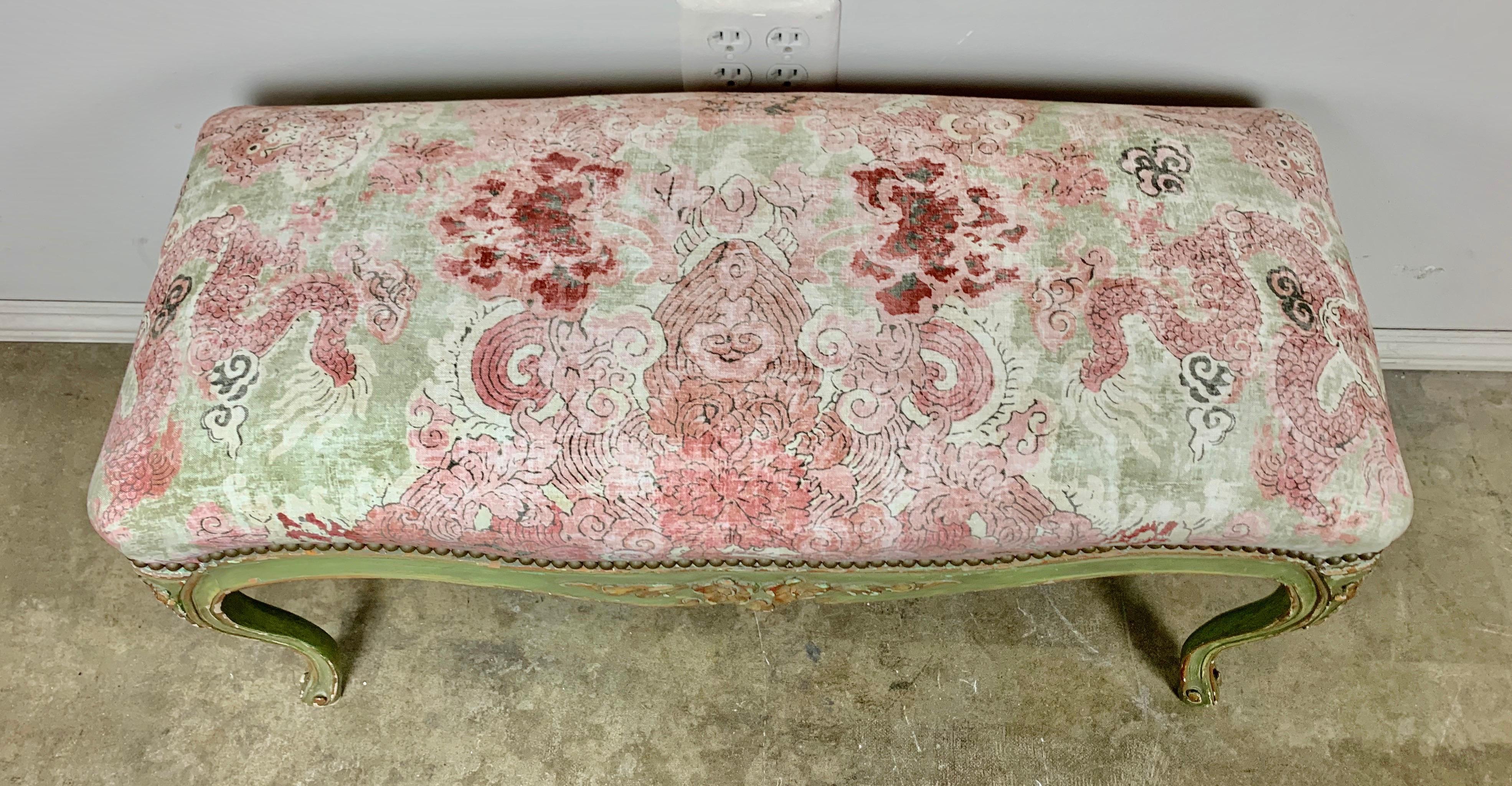 Louis XV Painted French Bench a/ Printed Chinoiserie Upholstery
