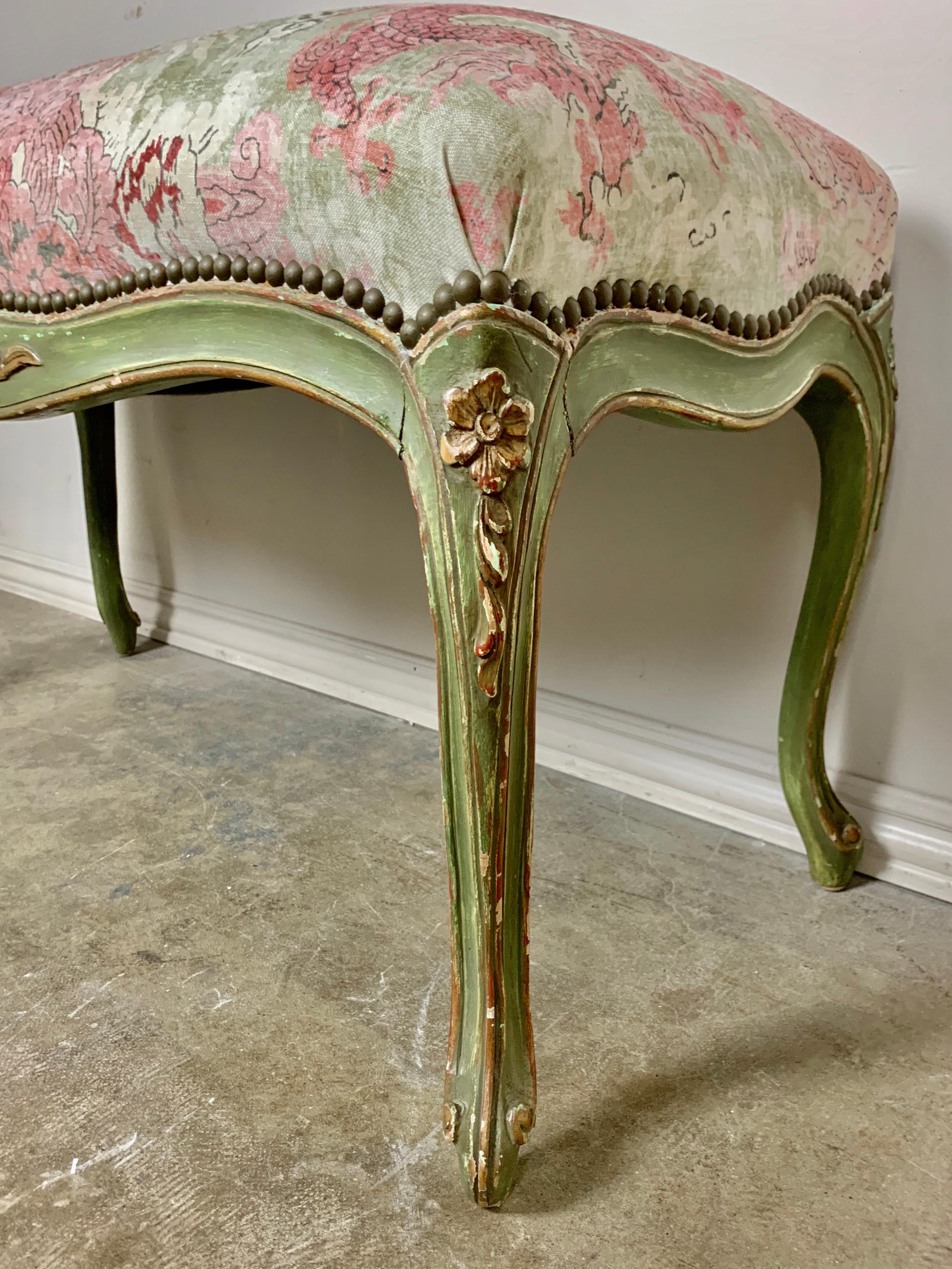 Hand-Painted Painted French Bench a/ Printed Chinoiserie Upholstery
