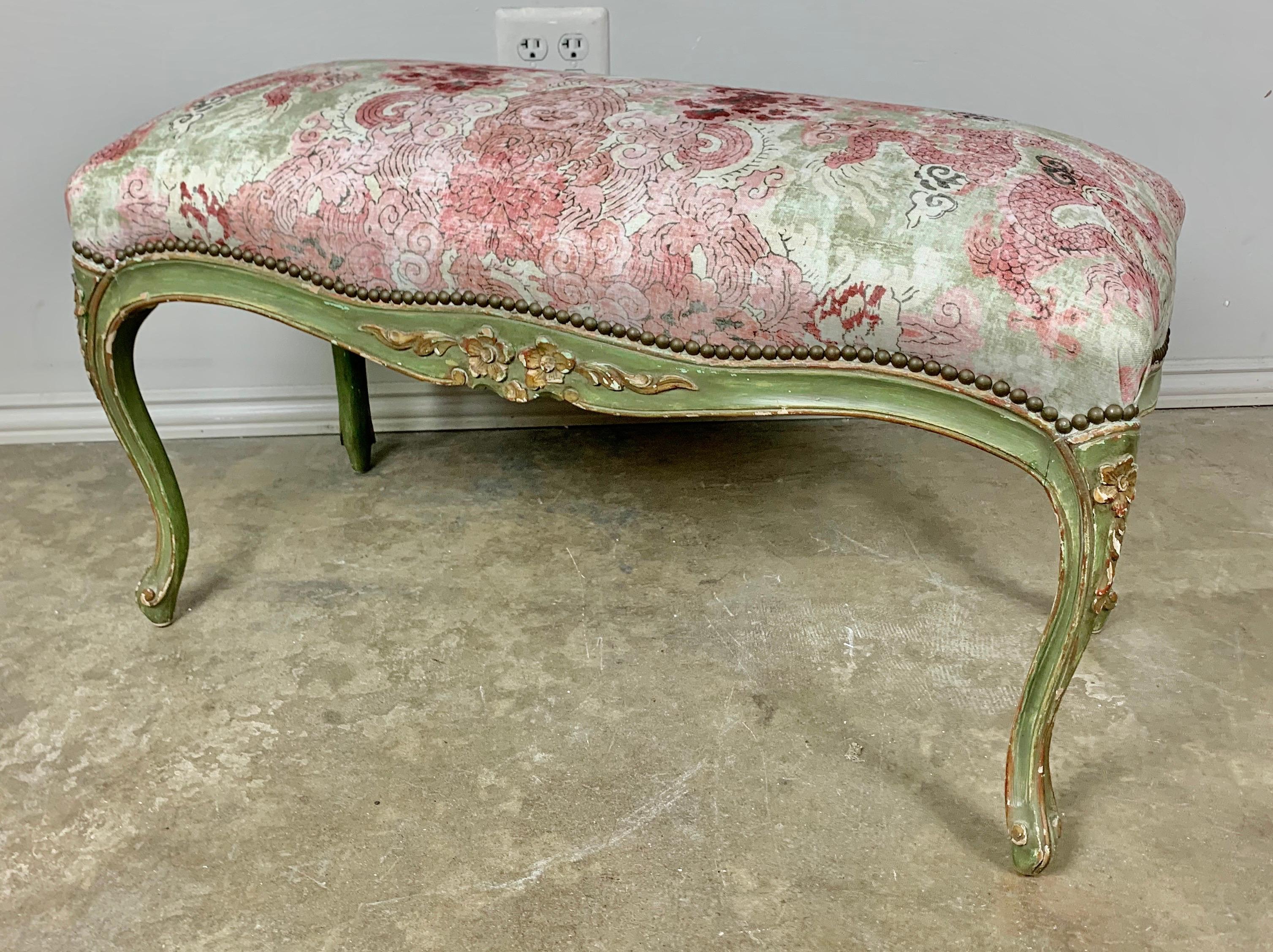 Painted French Bench a/ Printed Chinoiserie Upholstery 1