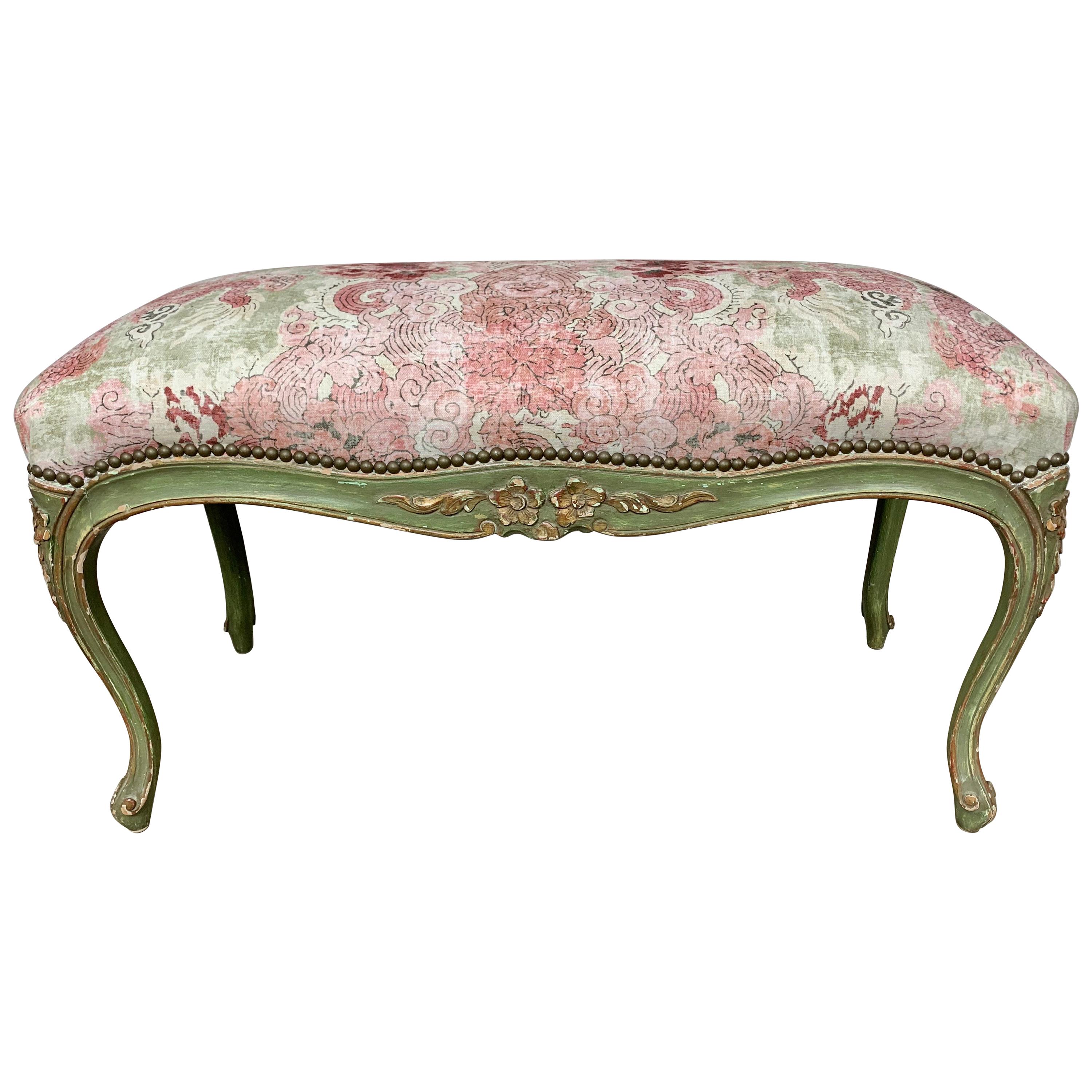 Painted French Bench a/ Printed Chinoiserie Upholstery