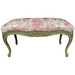 Antique Painted French Bench a/ Printed Chinoiserie Upholstery