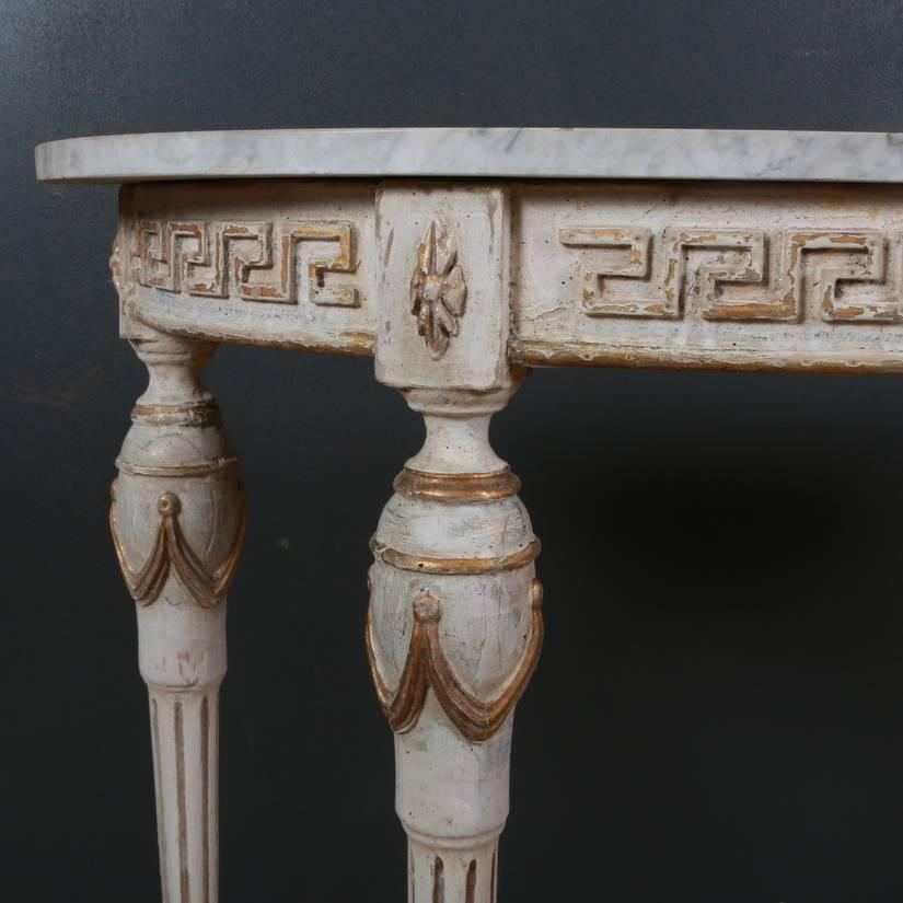 Pretty little late 19th century painted French console table with marble top, 1890

 

Dimensions
39.5 inches (100 cms) wide
12 inches (30 cms) deep
31.5 inches (80 cms) high.