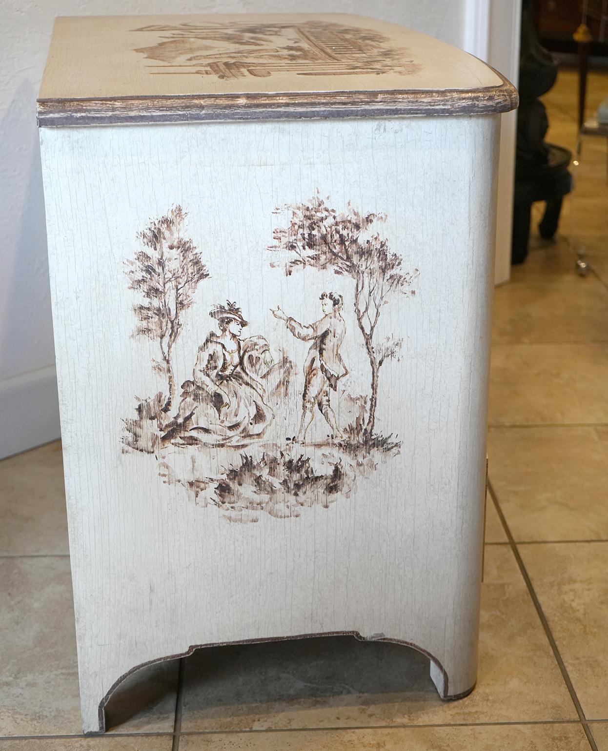 Painted French Four Drawer Bow Front Commode Decorated with Bridge Landscapes 3