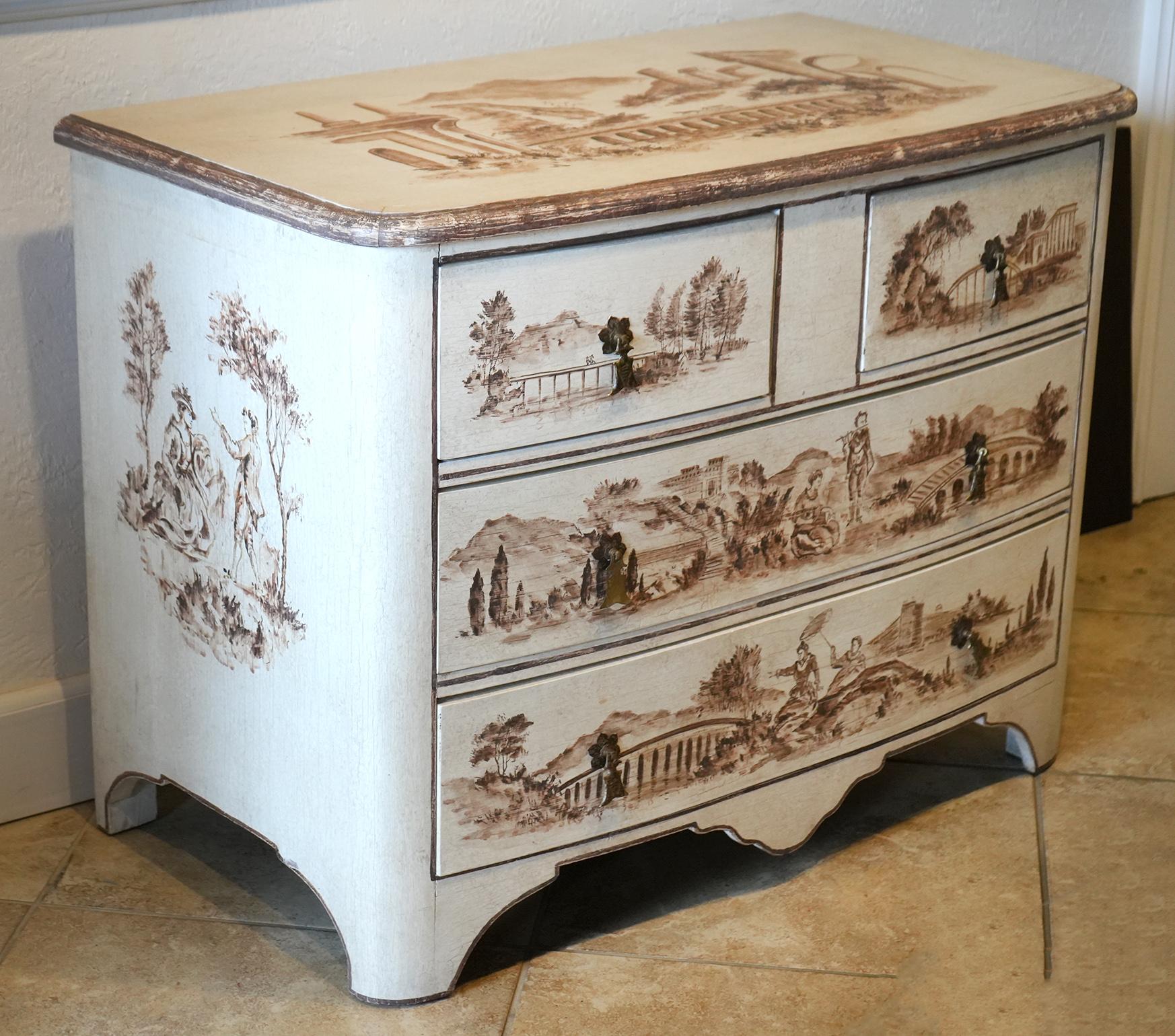 Louis XVI Painted French Four Drawer Bow Front Commode Decorated with Bridge Landscapes