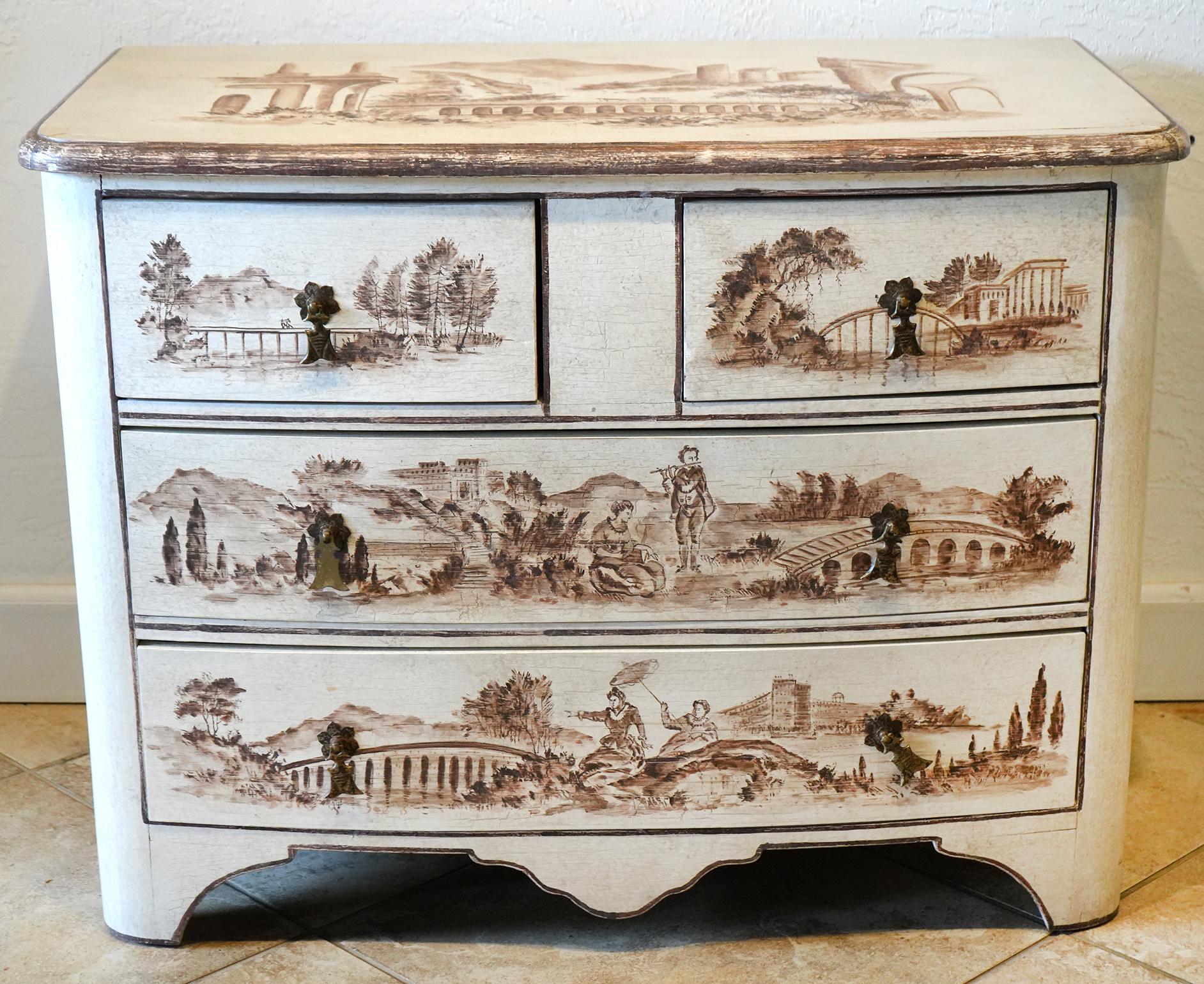 Hand-Painted Painted French Four Drawer Bow Front Commode Decorated with Bridge Landscapes