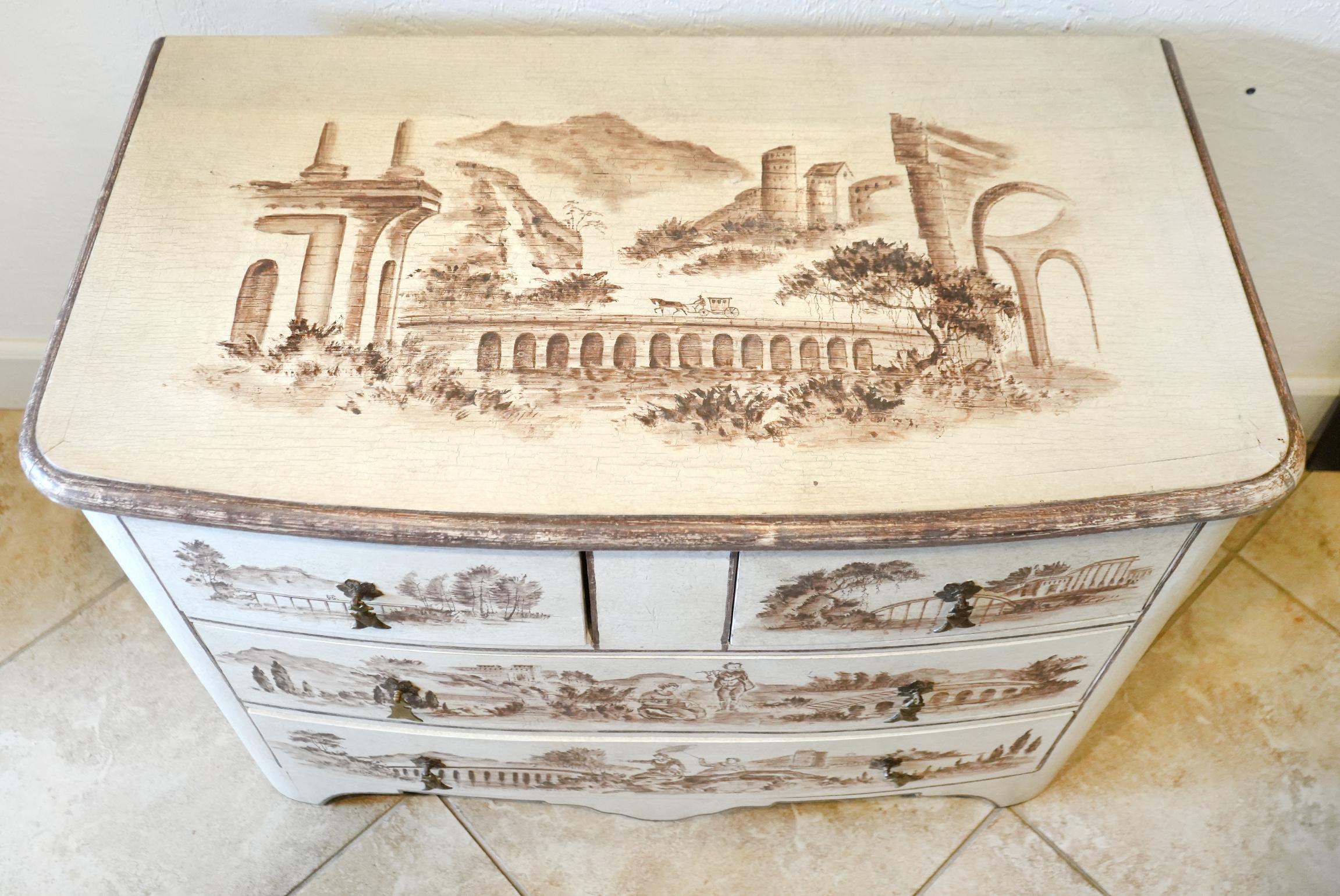 Painted French Four Drawer Bow Front Commode Decorated with Bridge Landscapes In Good Condition In Ft. Lauderdale, FL