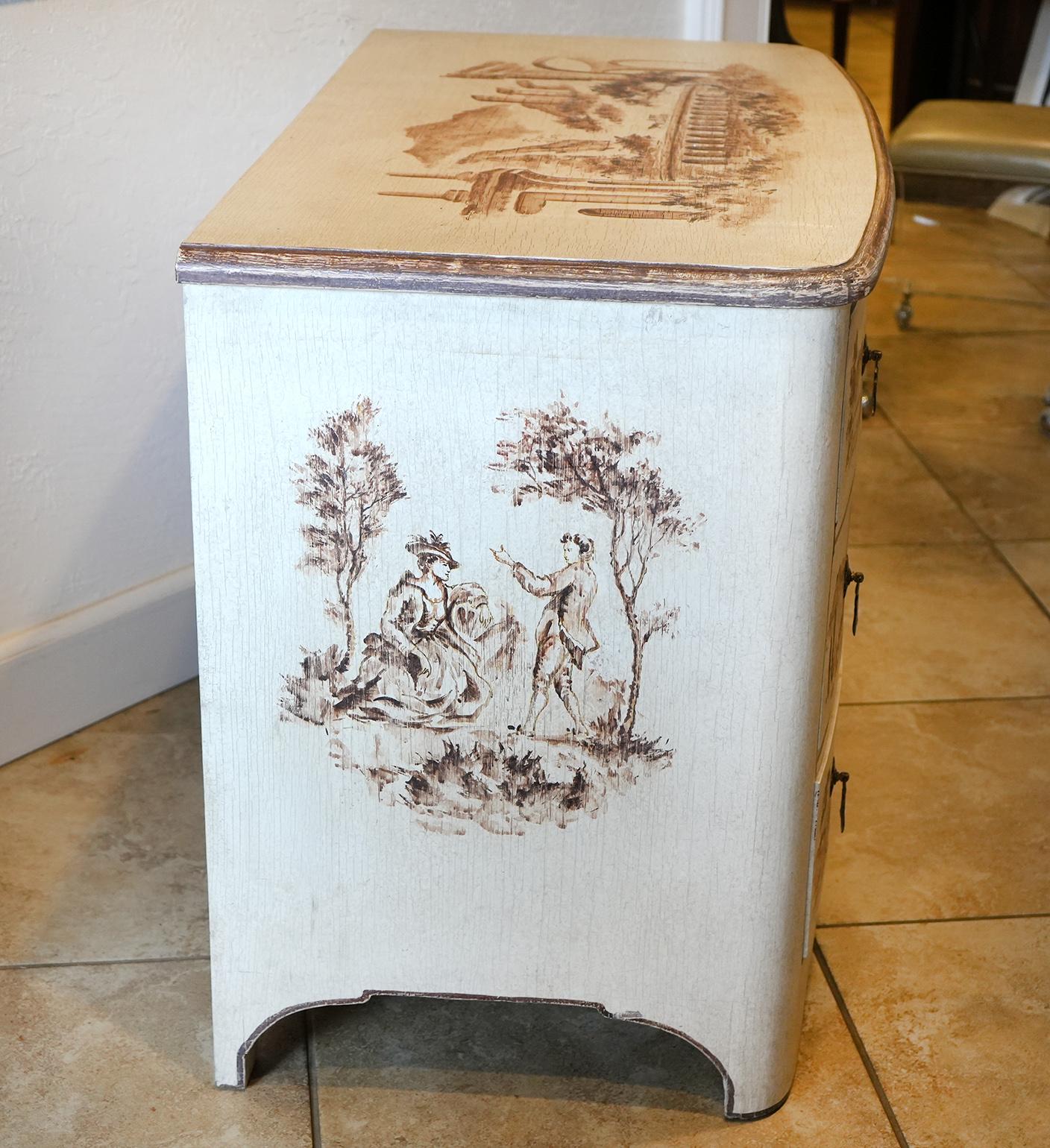 Painted French Four Drawer Bow Front Commode Decorated with Bridge Landscapes 2