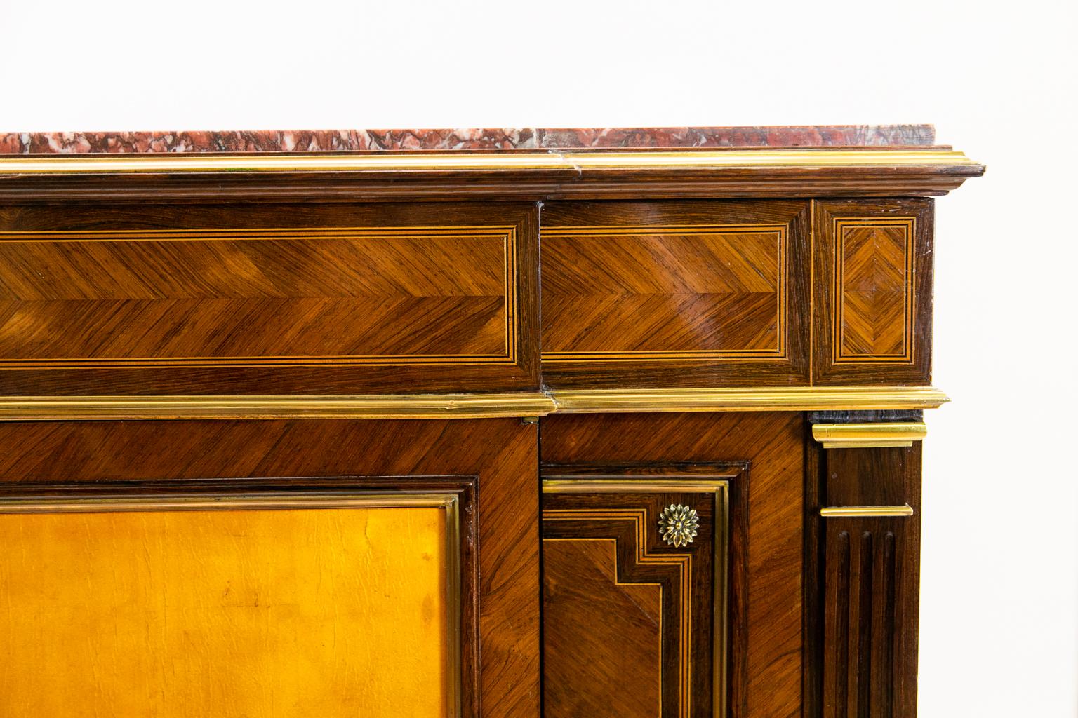 Brass Painted French Inlaid Marble Top Cabinet For Sale