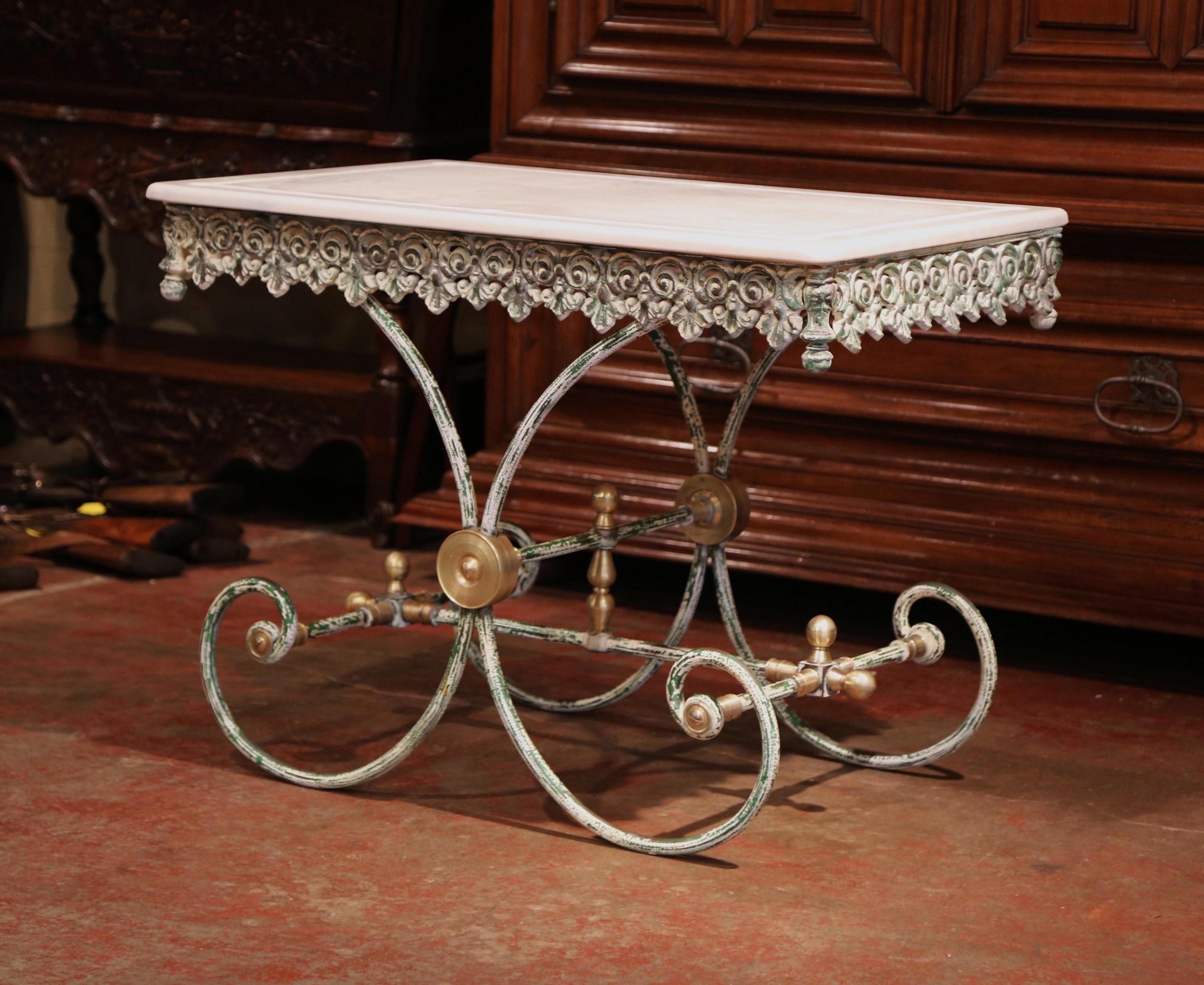 Painted French Iron and Brass Butcher or Pastry Table with Marble Top In Excellent Condition In Dallas, TX