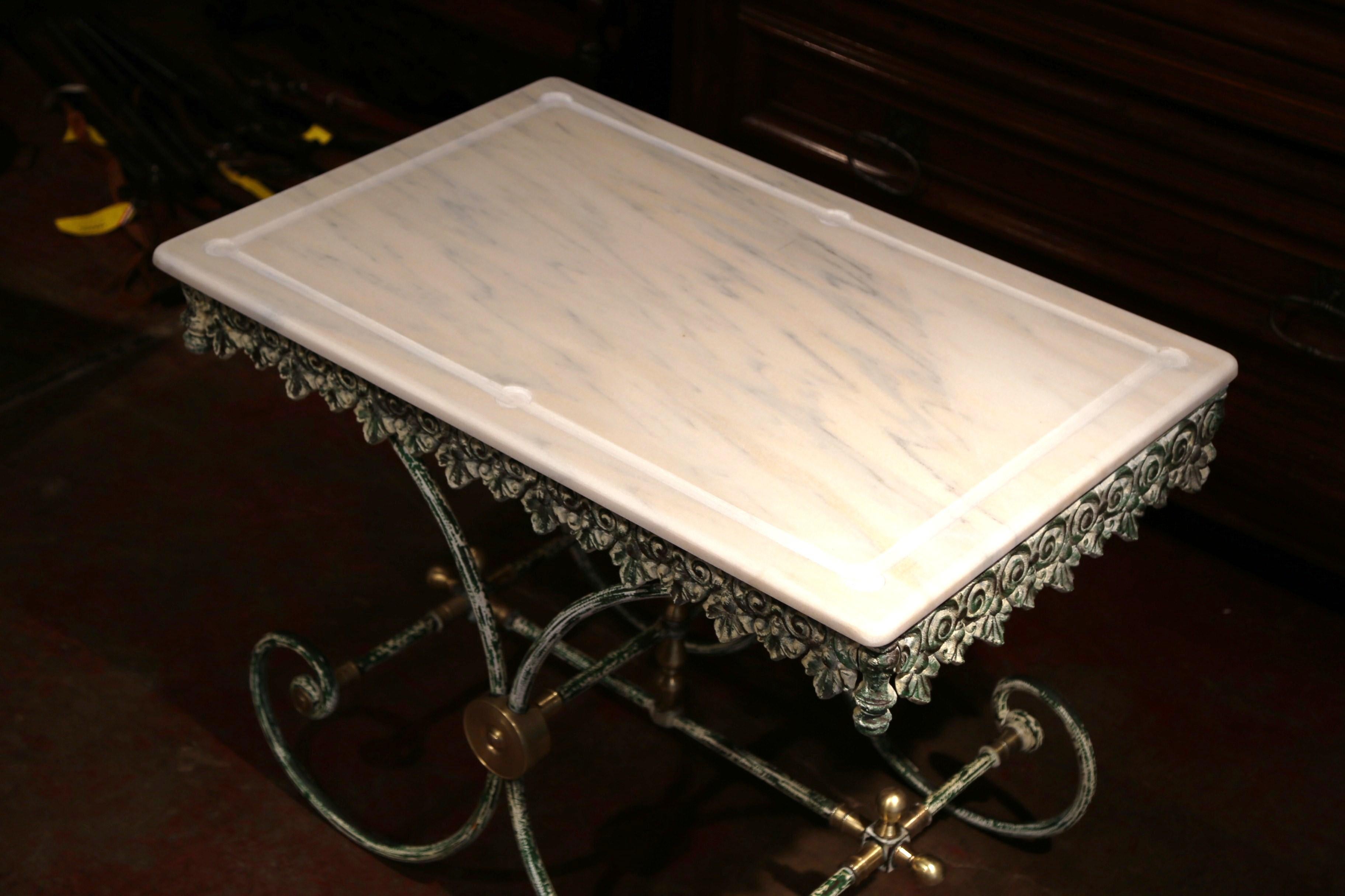 Contemporary Painted French Iron and Brass Butcher or Pastry Table with Marble Top
