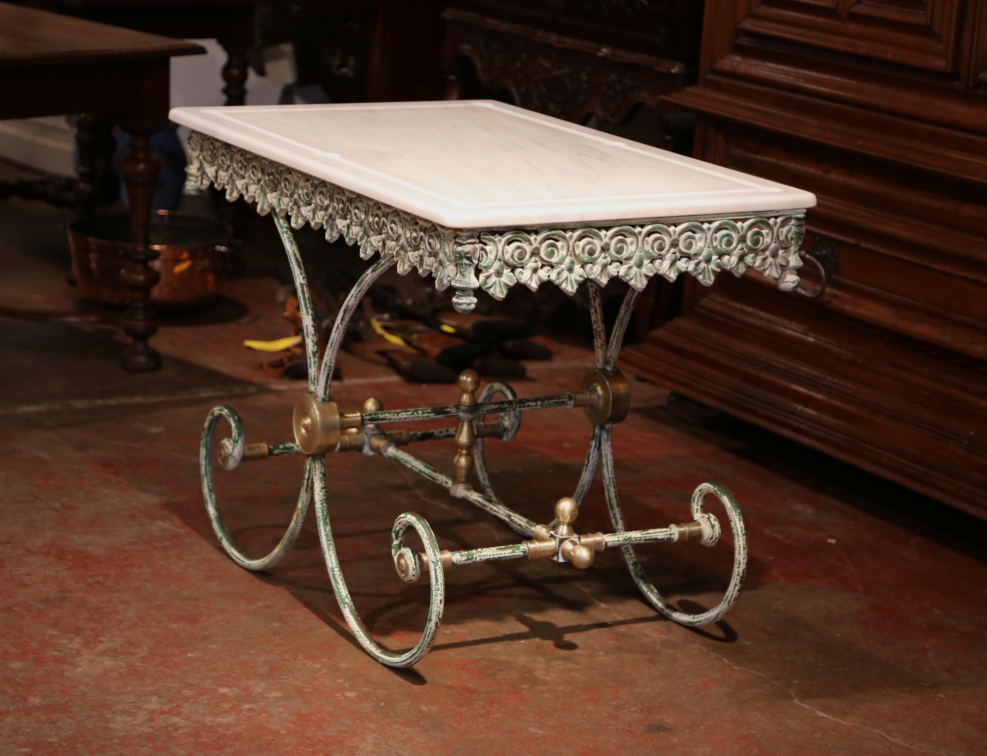 Painted French Iron and Brass Butcher or Pastry Table with Marble Top 3