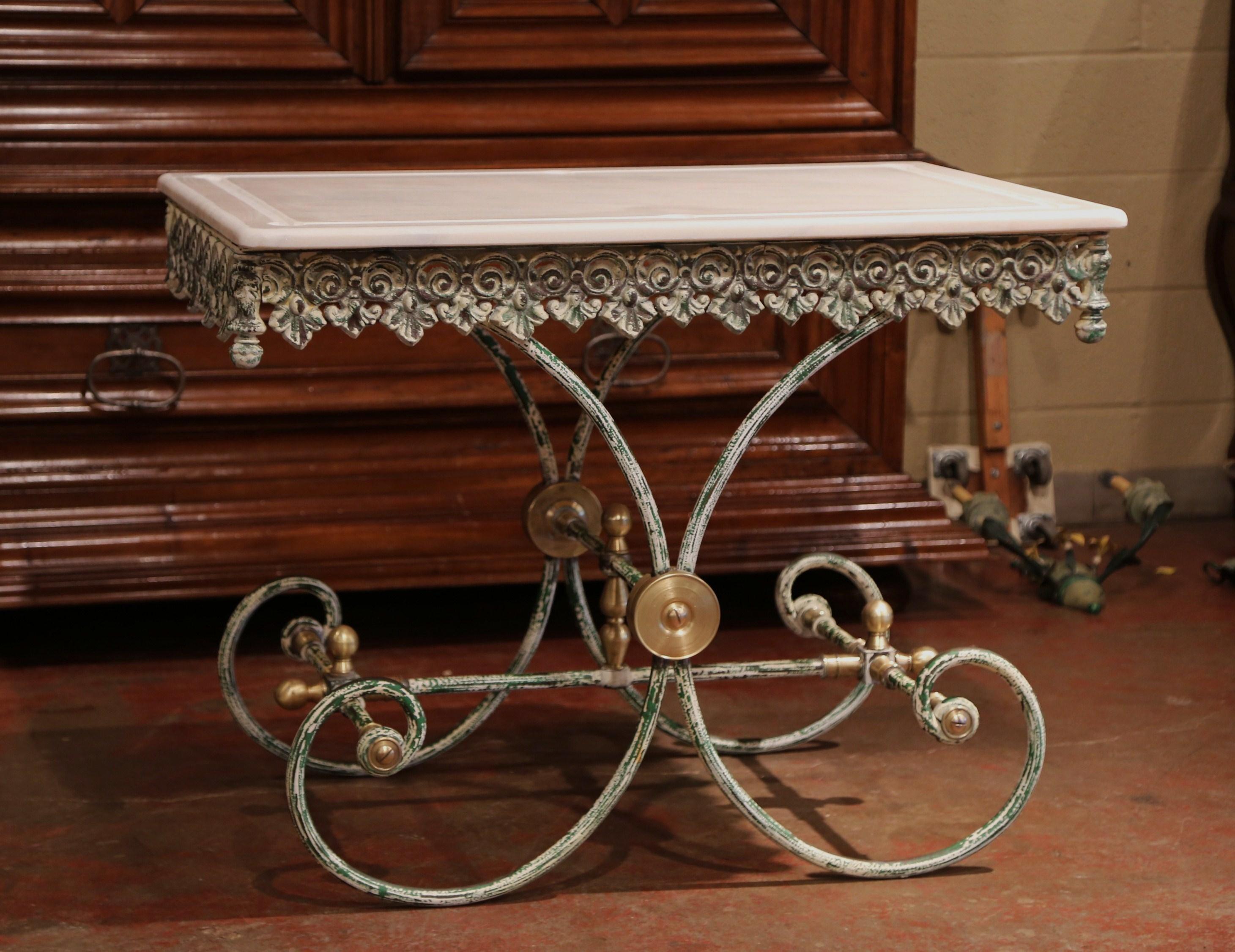 Painted French Iron and Brass Butcher or Pastry Table with Marble Top 4