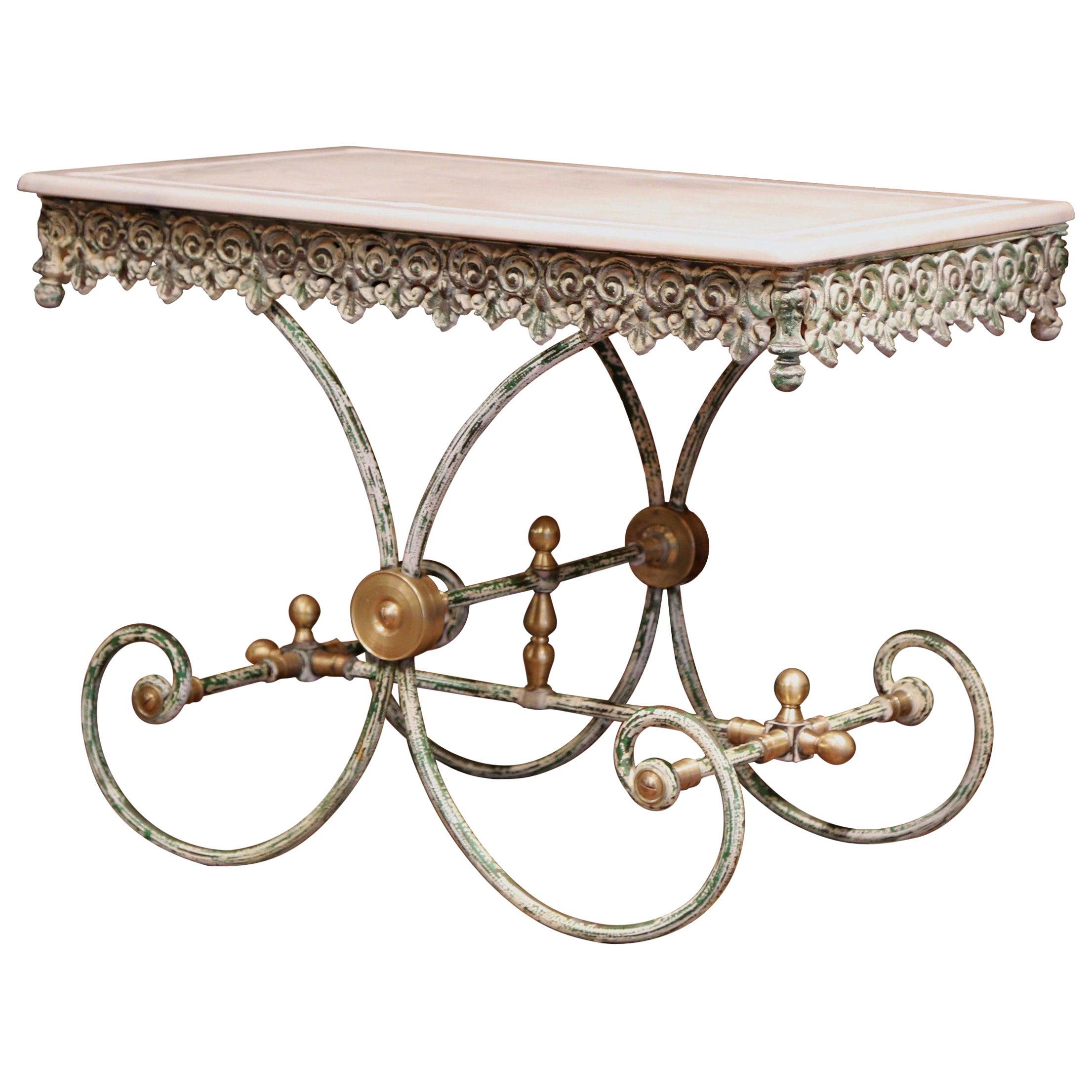 Painted French Iron and Brass Butcher or Pastry Table with Marble Top