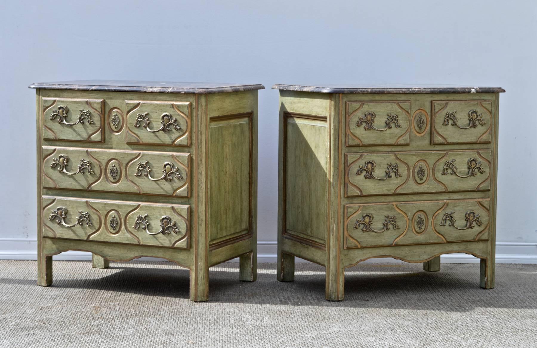 Pair of Painted French Louis XIV Marble Top Chest In Good Condition In Charlottesville, VA