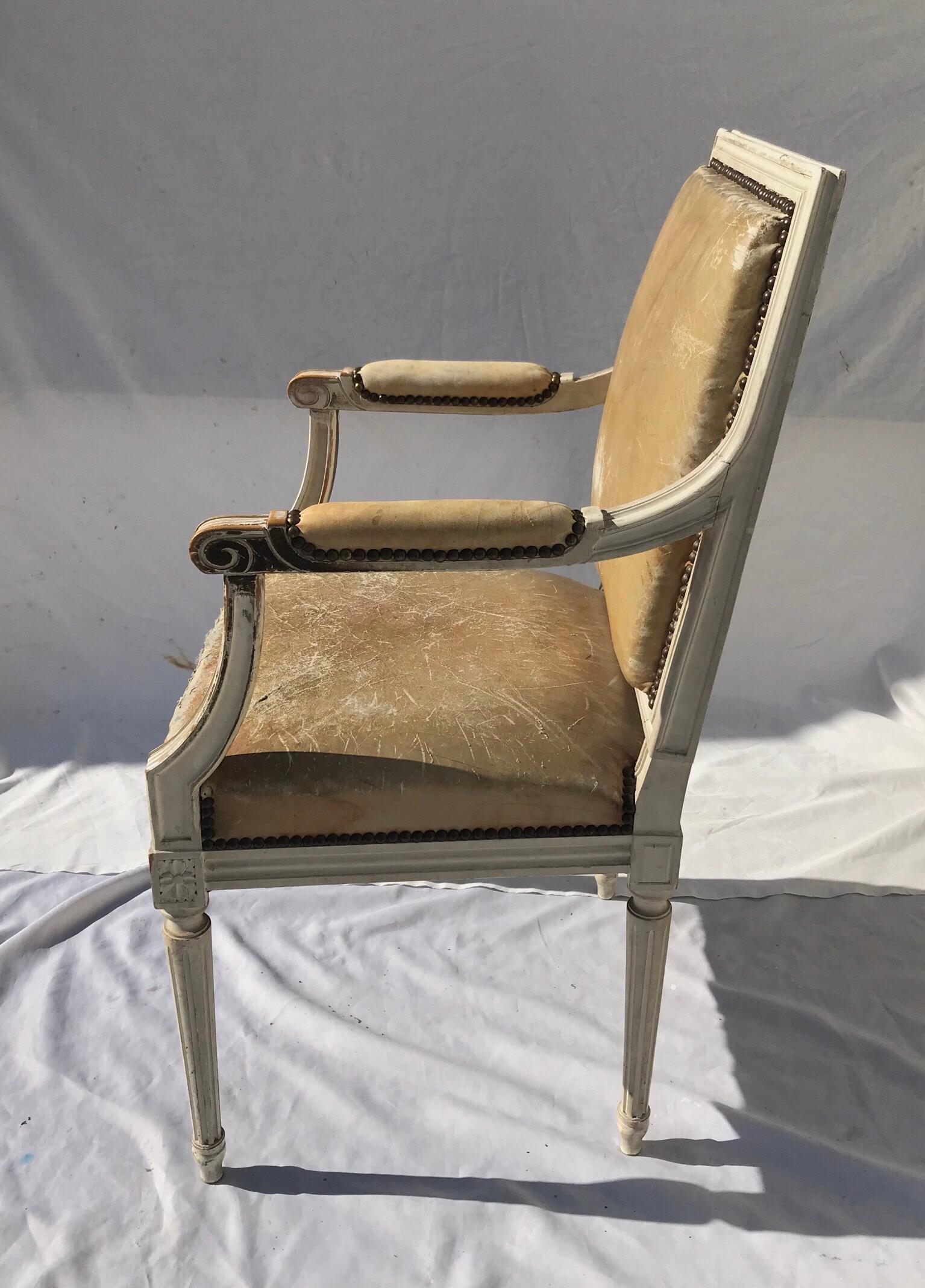 Painted French Louis XVI Style Desk Chair in Old Leather 1