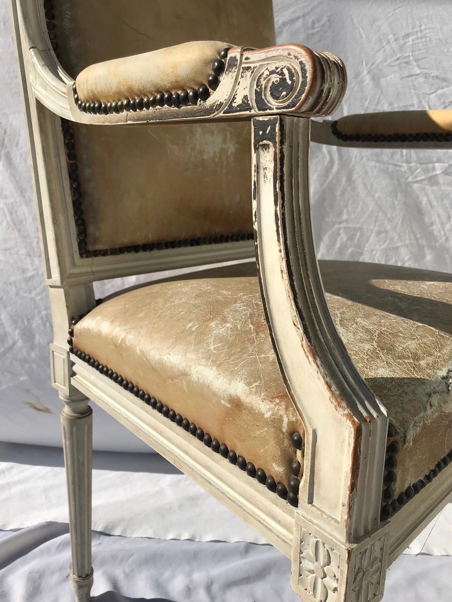 Painted French Louis XVI Style Desk Chair in Old Leather 2