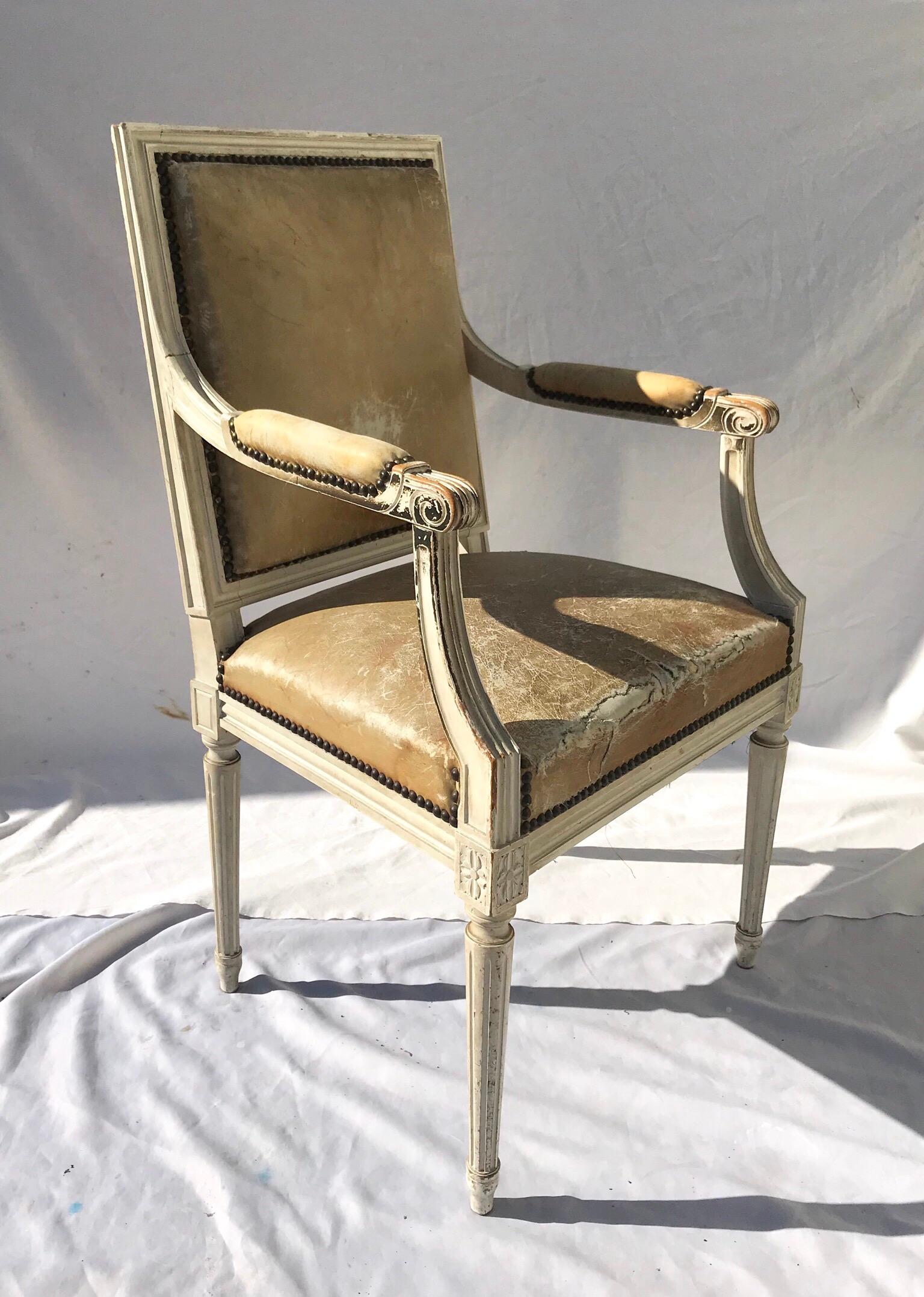 Painted French Louis XVI Style Desk Chair in Old Leather 4