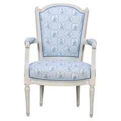 Painted French Louis XVI style open armchair with new fabric circa 1900.