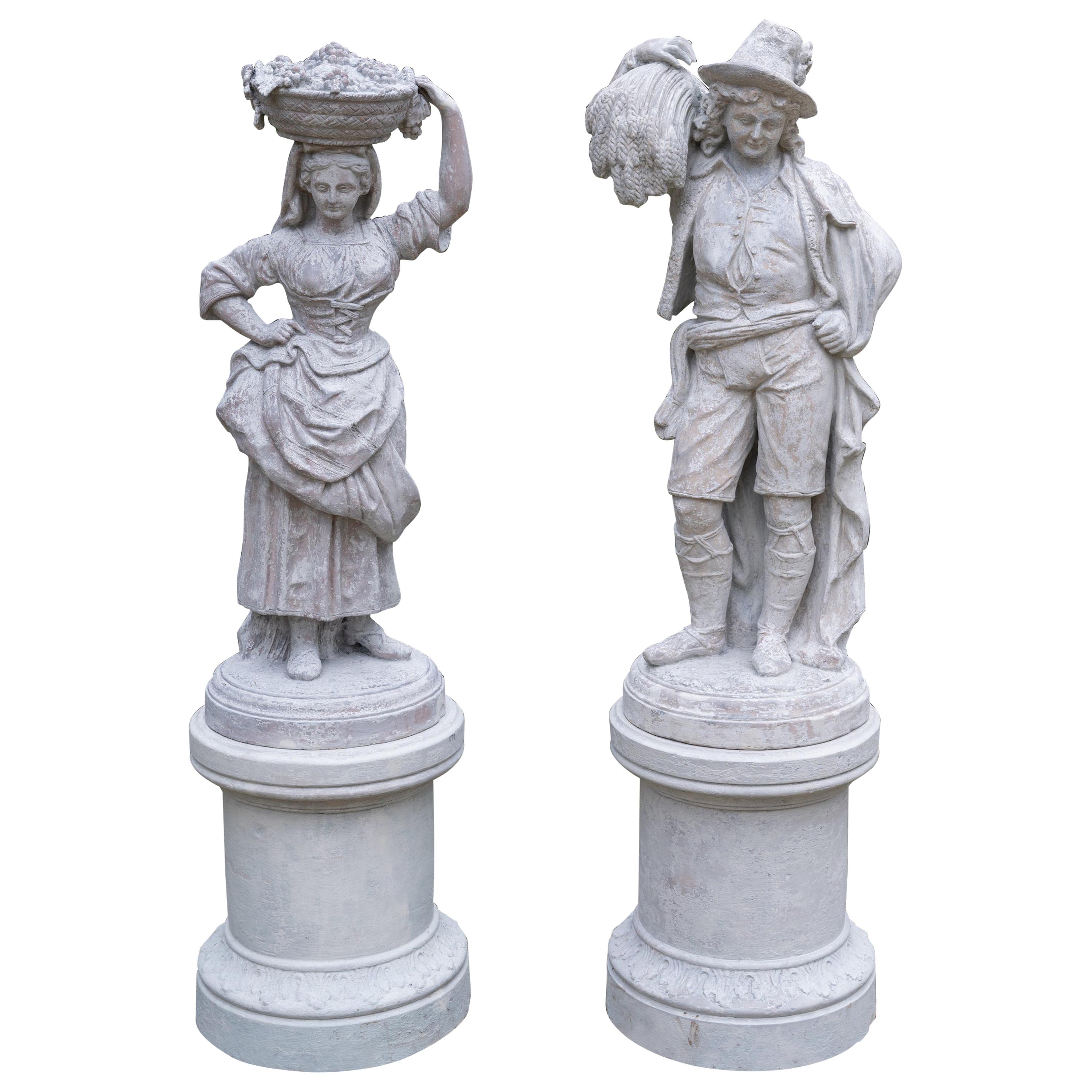 Painted French Pair of Terracotta Pastoral Figures For Sale