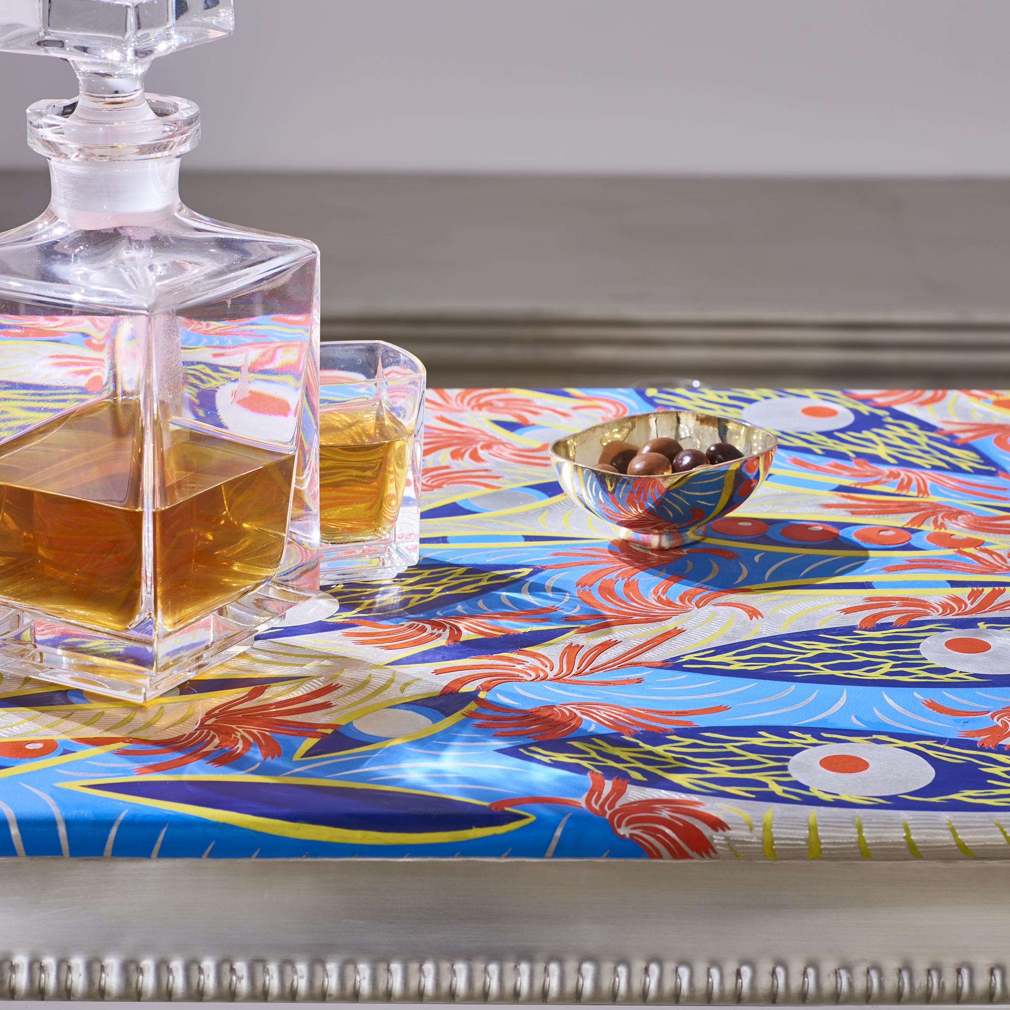 Artist Alice Saey has customized a colorful French pewter countertop, or a console top, that would make a cheery addition to a club, cocktail bar, beach bar or the home of a private art collector. This practical and functional piece is indisputably