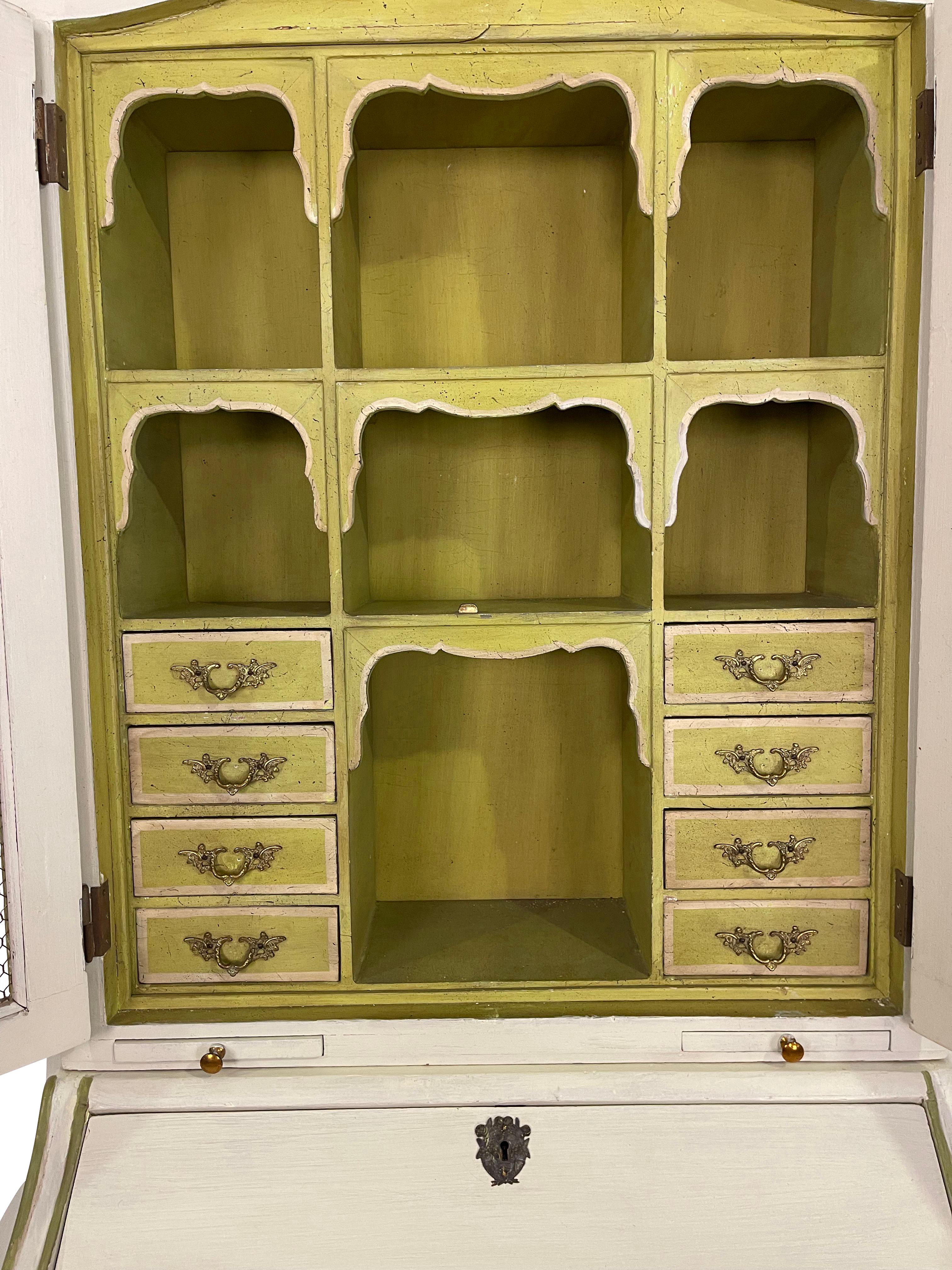 Painted French Provincial Ivory and Green circa 1920s Secretary/ Desk In Good Condition For Sale In Essex, MA
