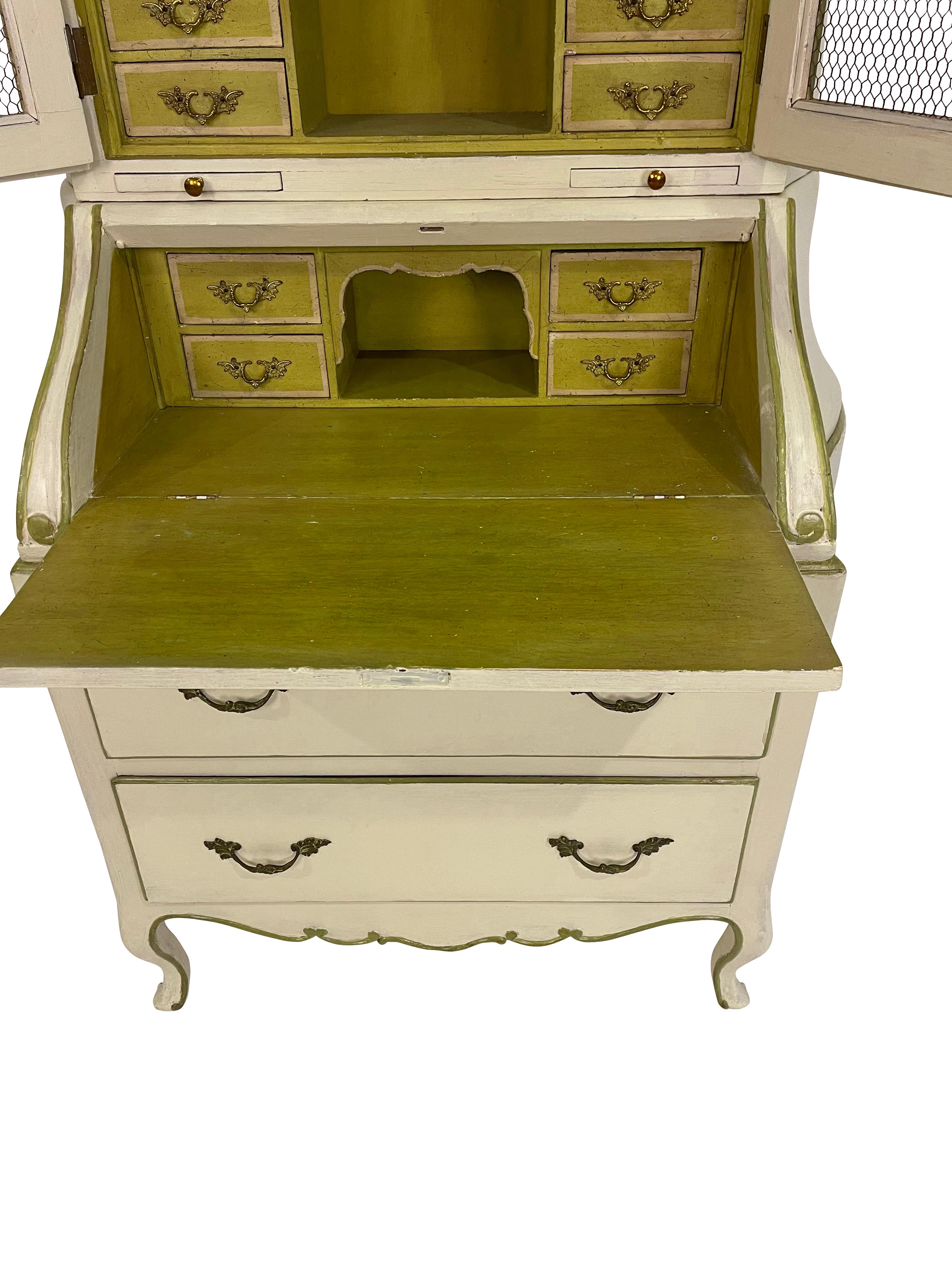 Wood Painted French Provincial Ivory and Green circa 1920s Secretary/ Desk For Sale